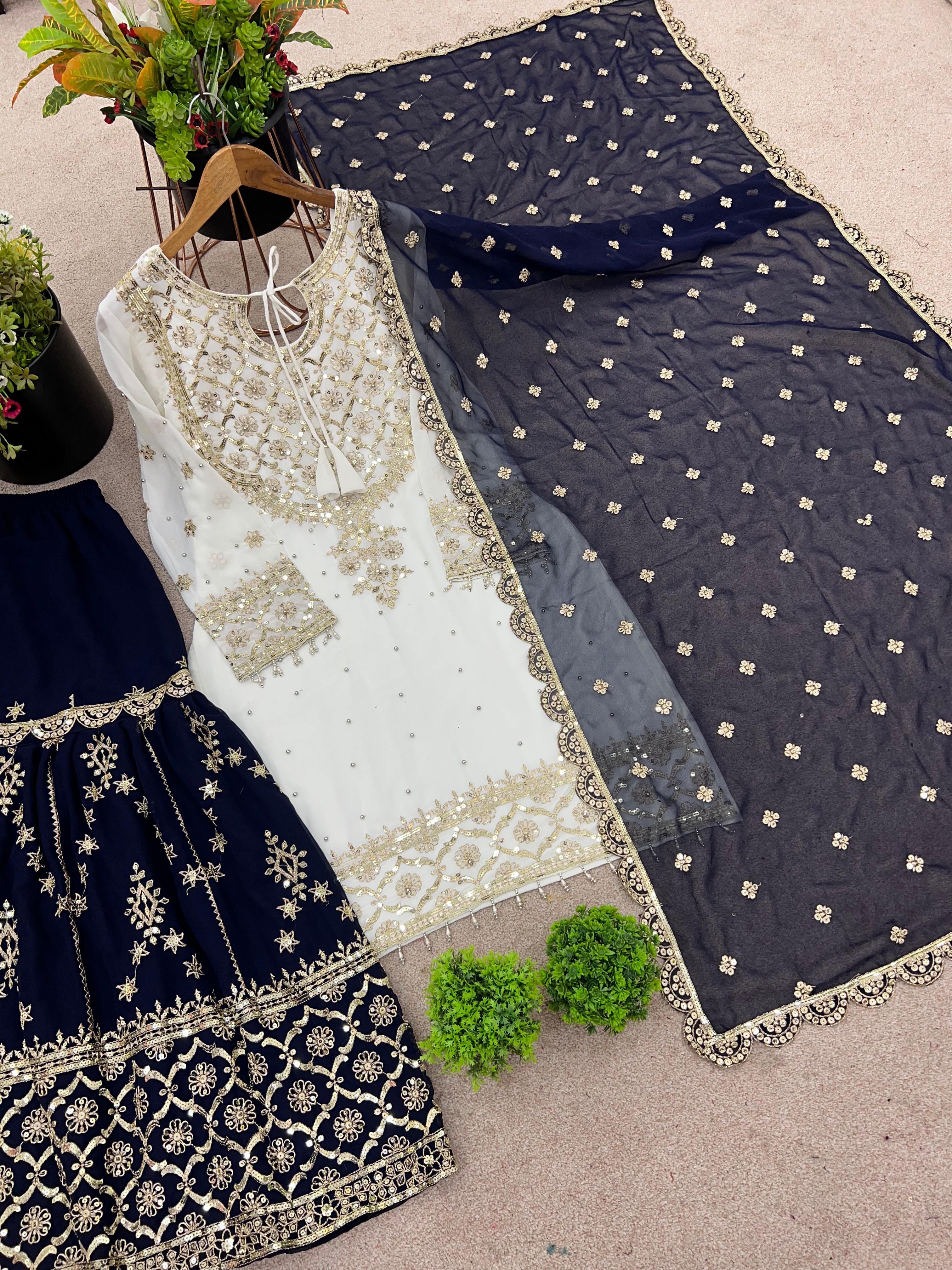 Fabulous Heavy Work White Color Suit With Navy Blue Sharara