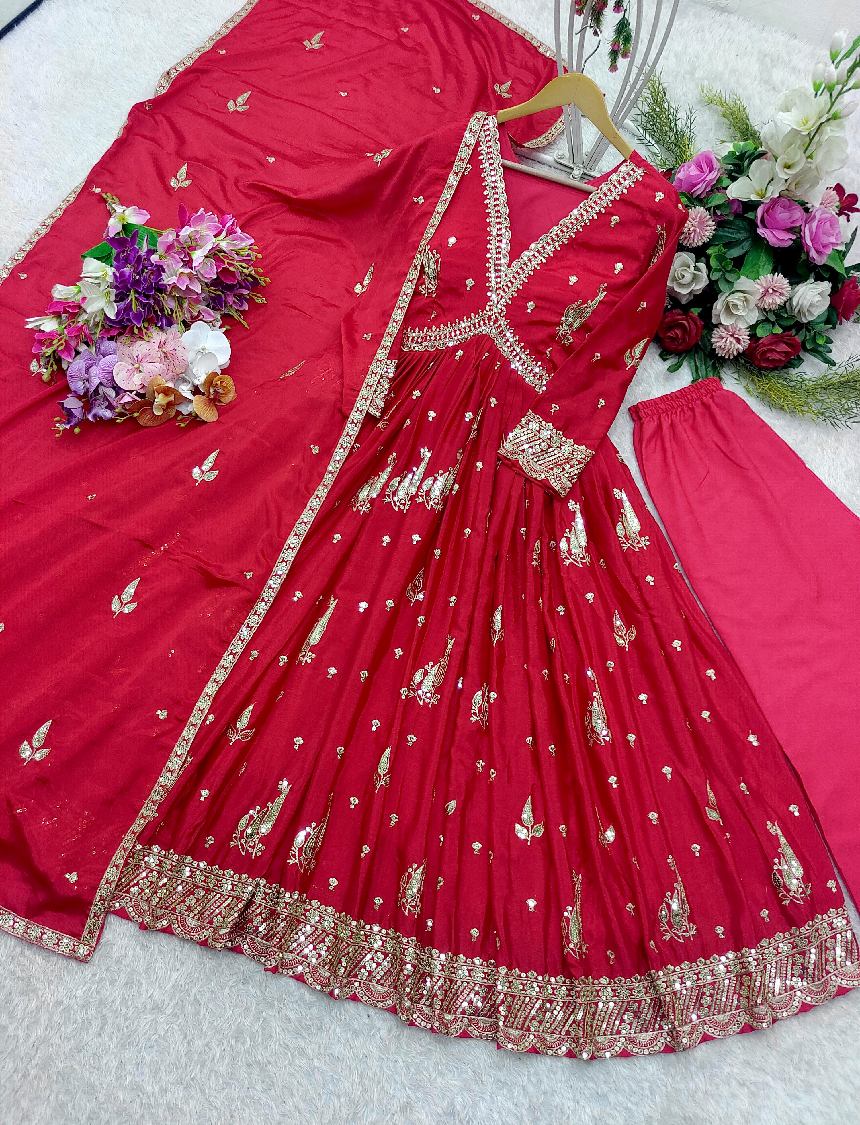 Presenting Sequence Work Red Color Gown With Dupatta Set