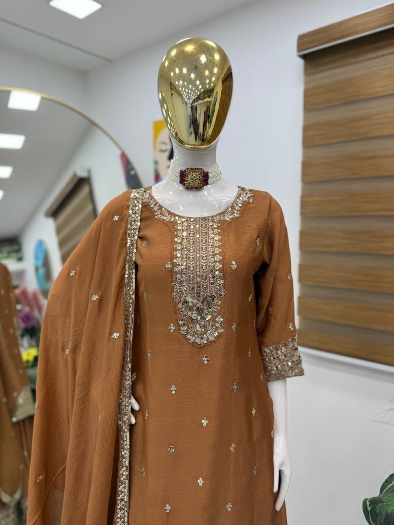 Brown Color Heavy Work Chinon Silk Palazzo Suit