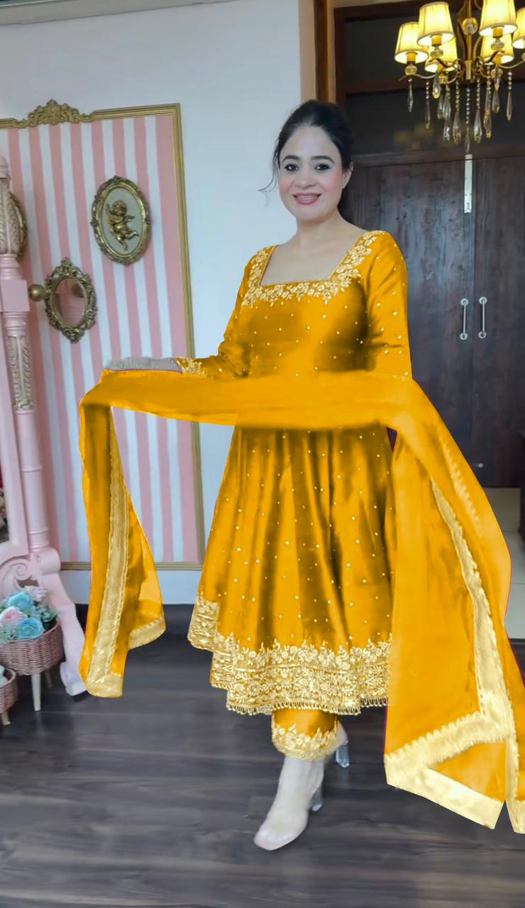 Glimmering Vichitra Silk Yellow Color Anarkali Suit