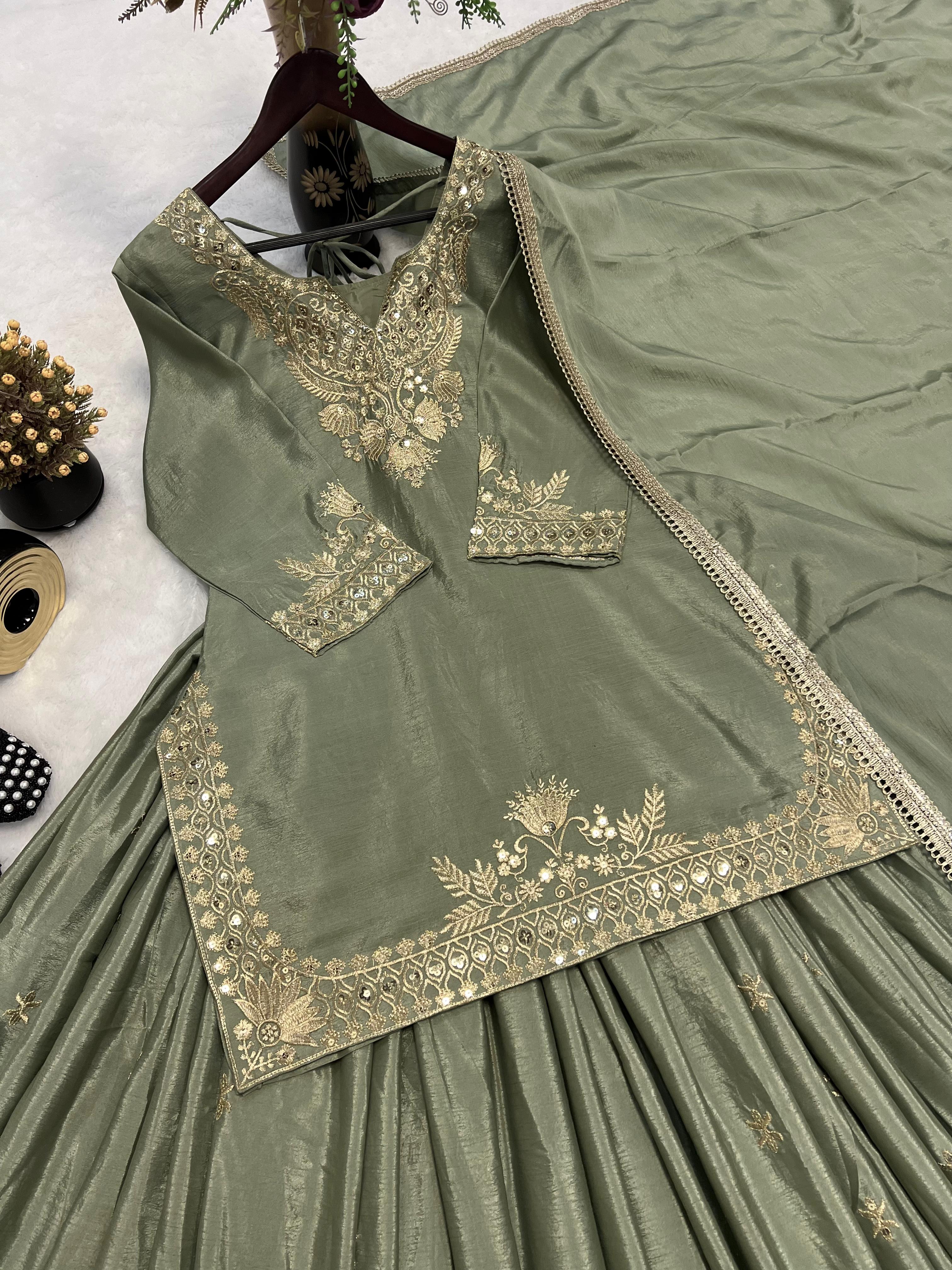 Good Looking Embroidery Work Mehndi Color Top With Lehenga Choli