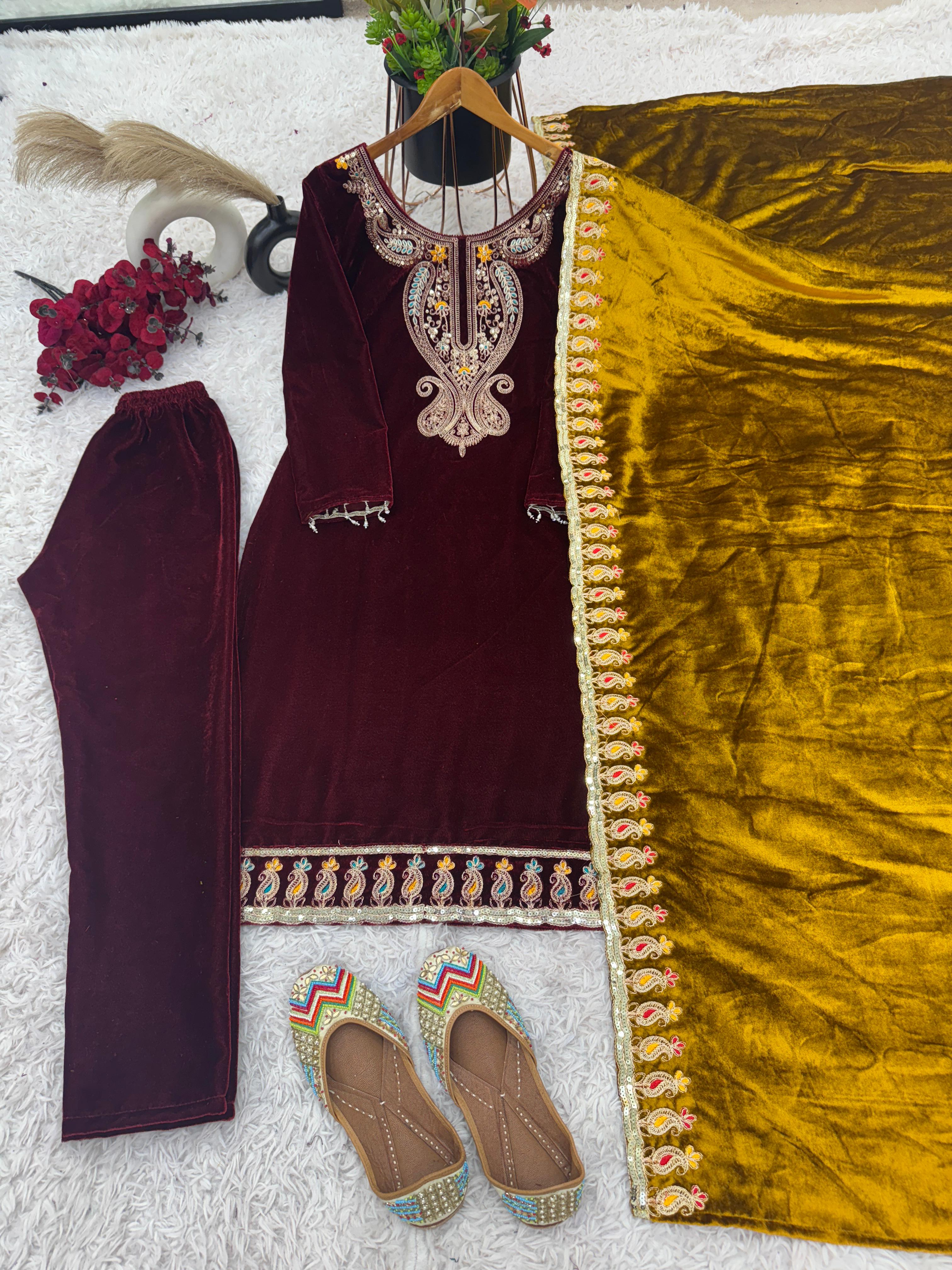 Delightful Embroidery Sequence Work Wine Color Salwar Suit