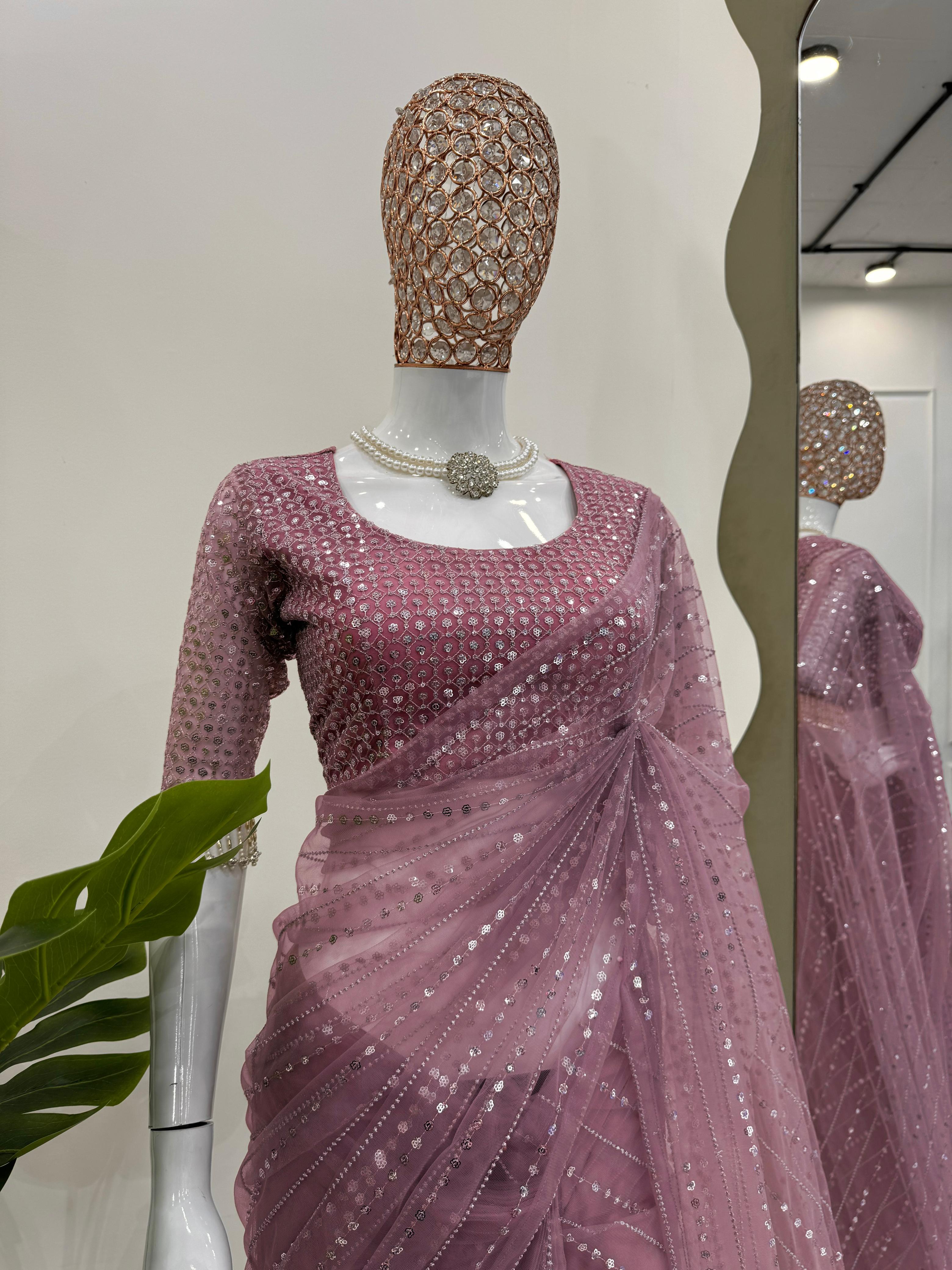 Thread With Sequence Work Pink Color Net Saree