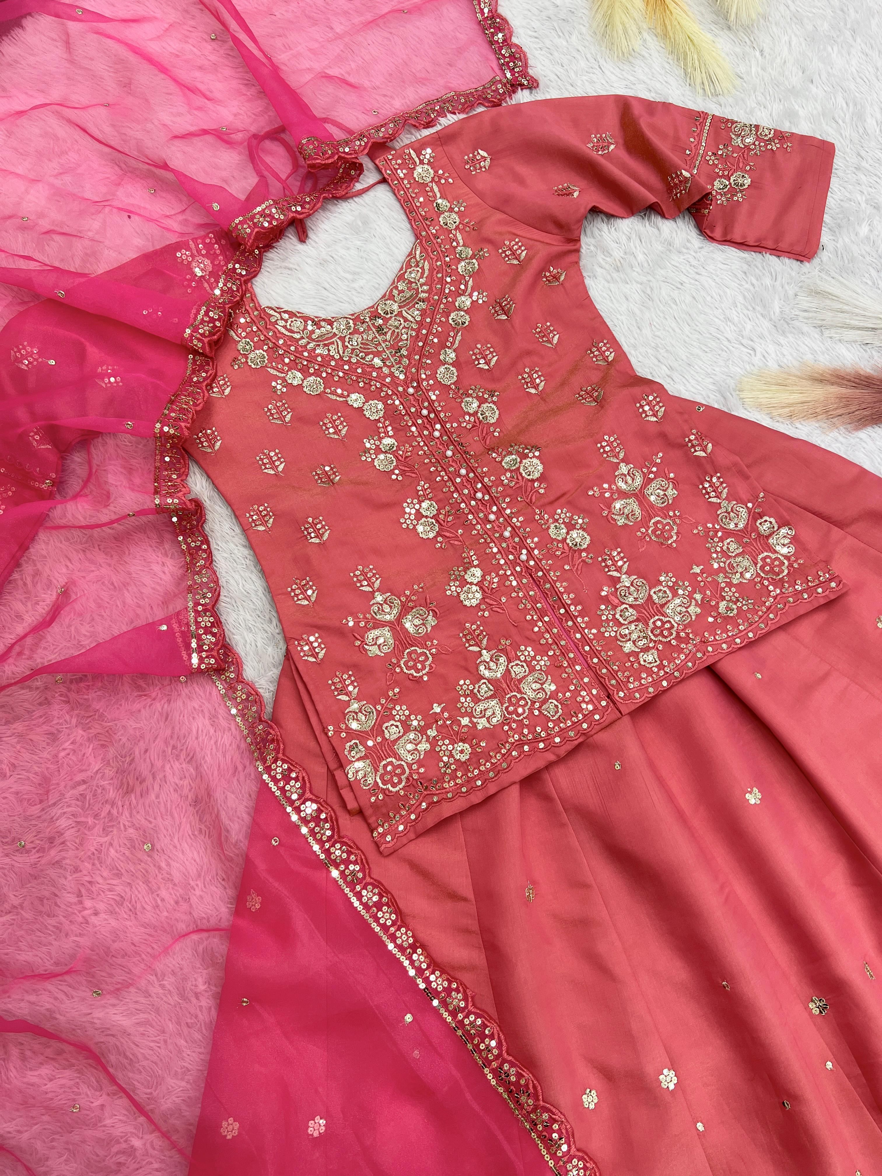 Designer Roman Shimmer Silk Peach Color Top With Lehenga