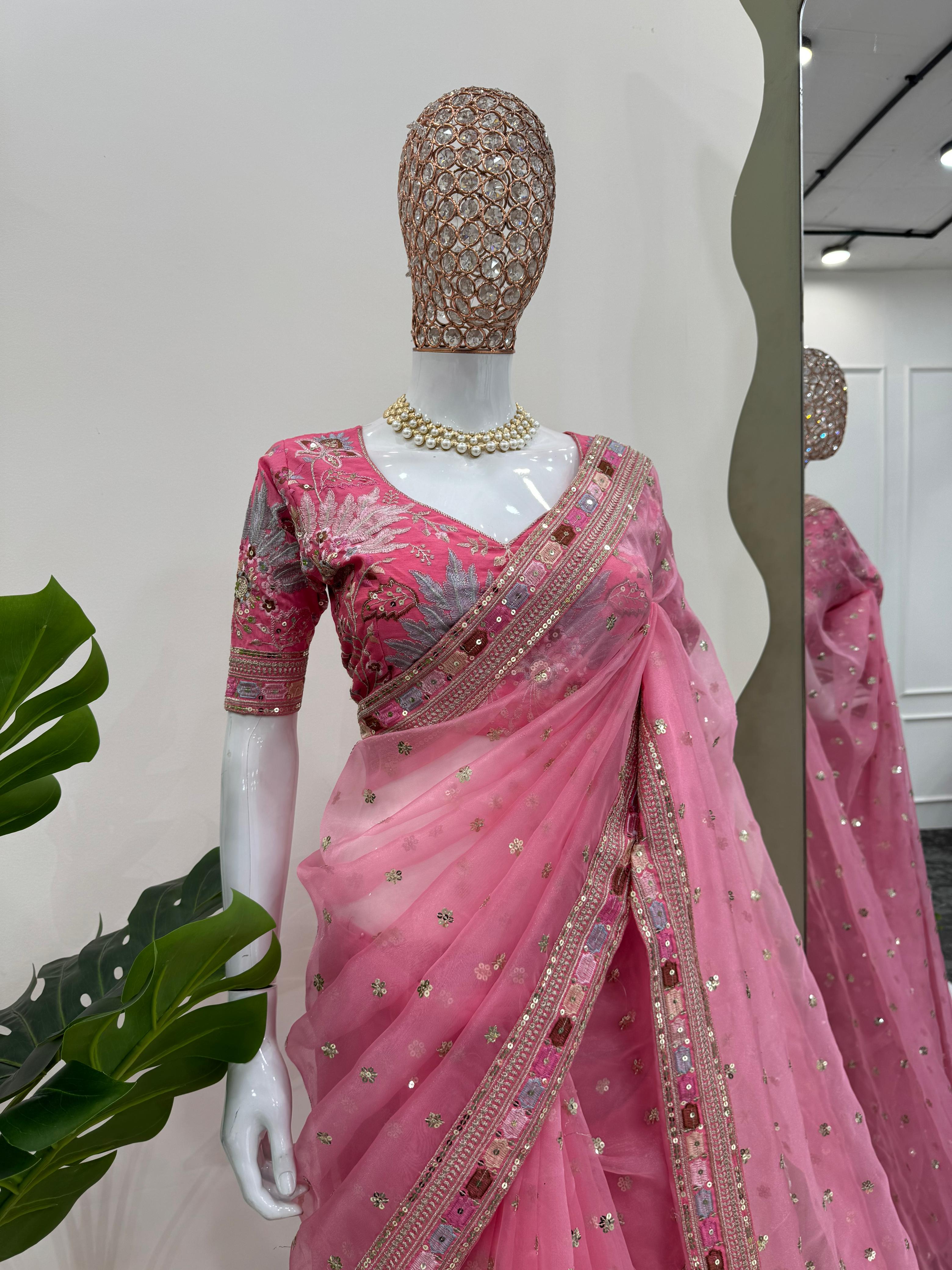 Captivating Organza Silk Pink Color Designer Saree