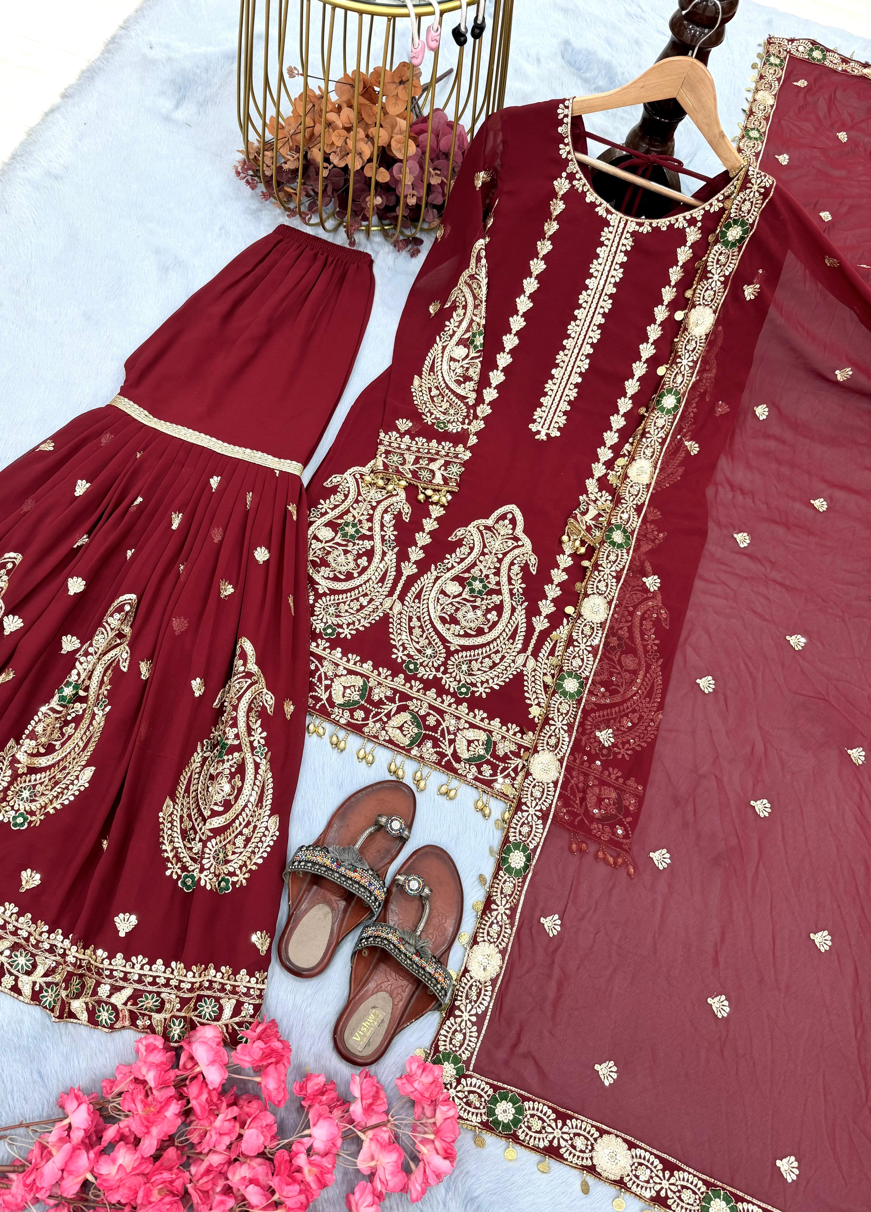 Designer Sequence Heavy Work Maroon Color Sharara Suit