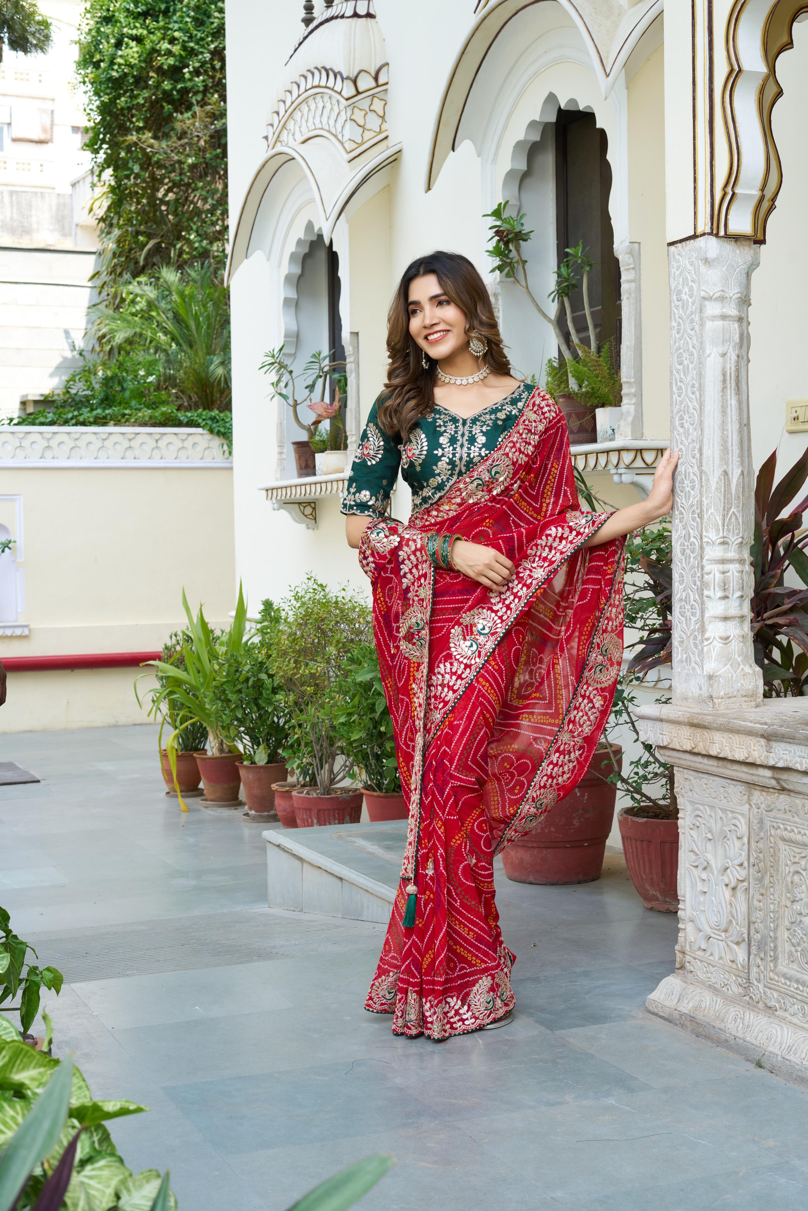 Red Color Bandhani Printed Occasion Wear Saree