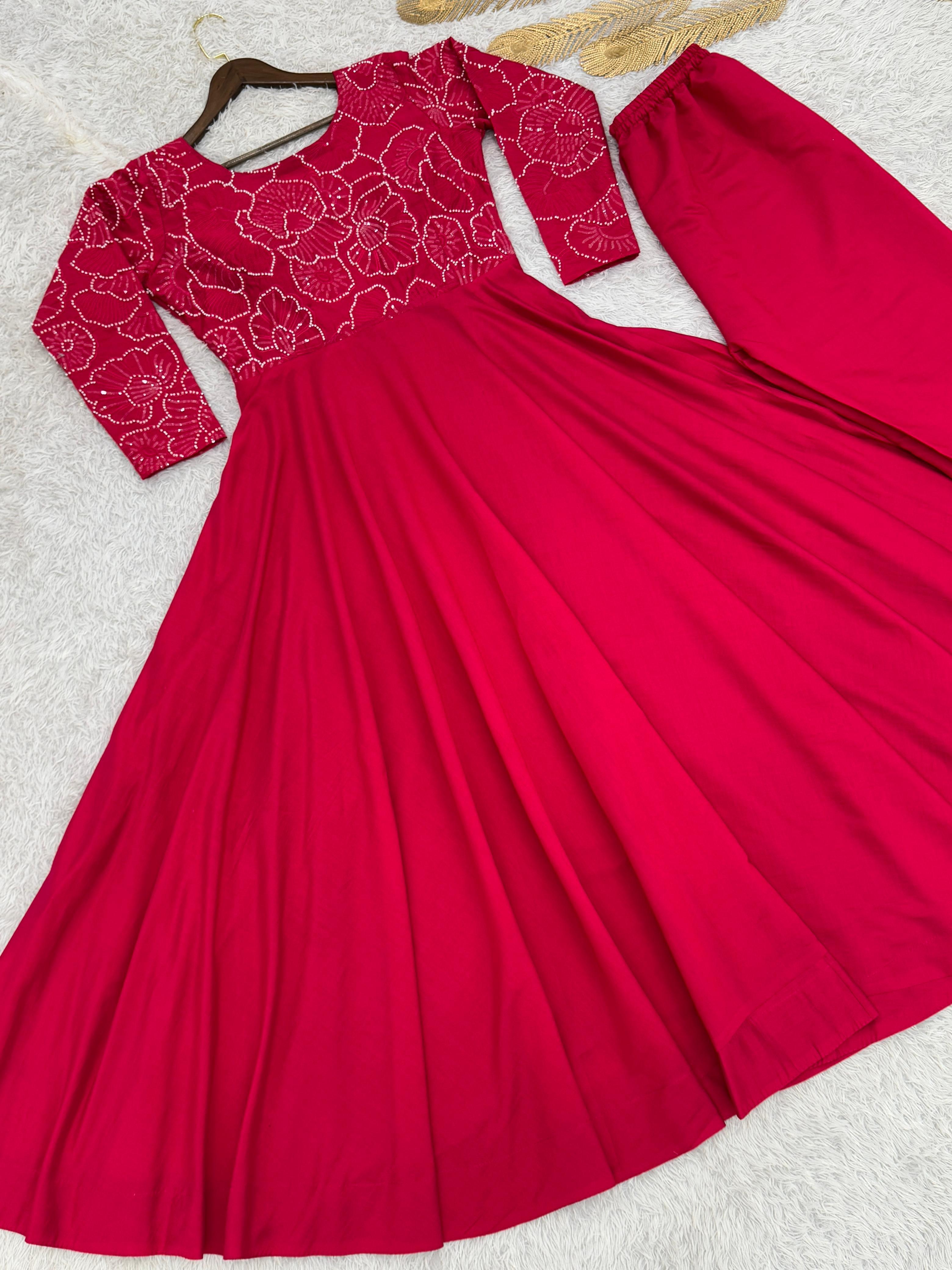 Alluring Red Roman Silk With Embroidery Work Gown
