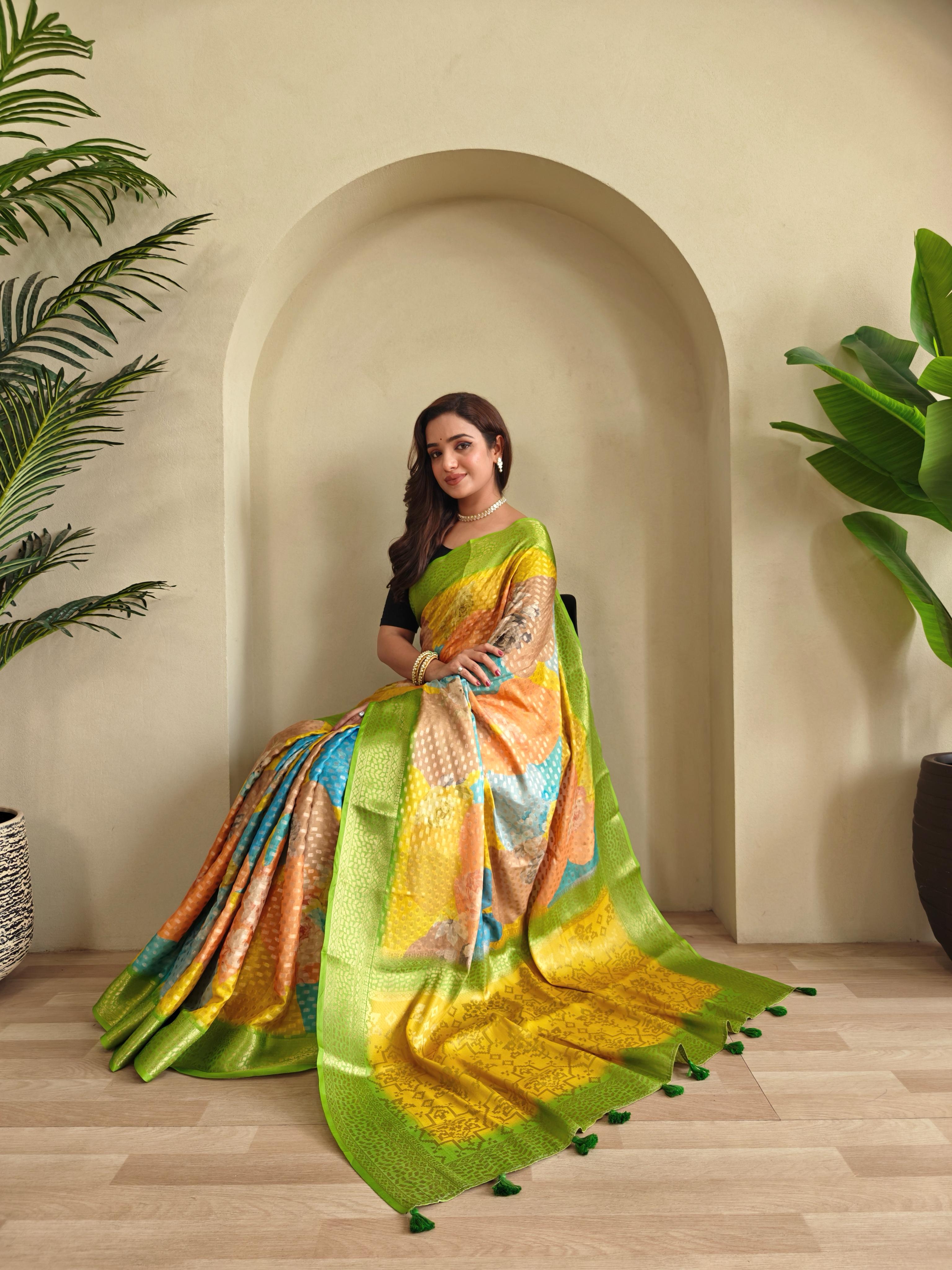 Multi Color Design Beautiful Print Green Color Saree