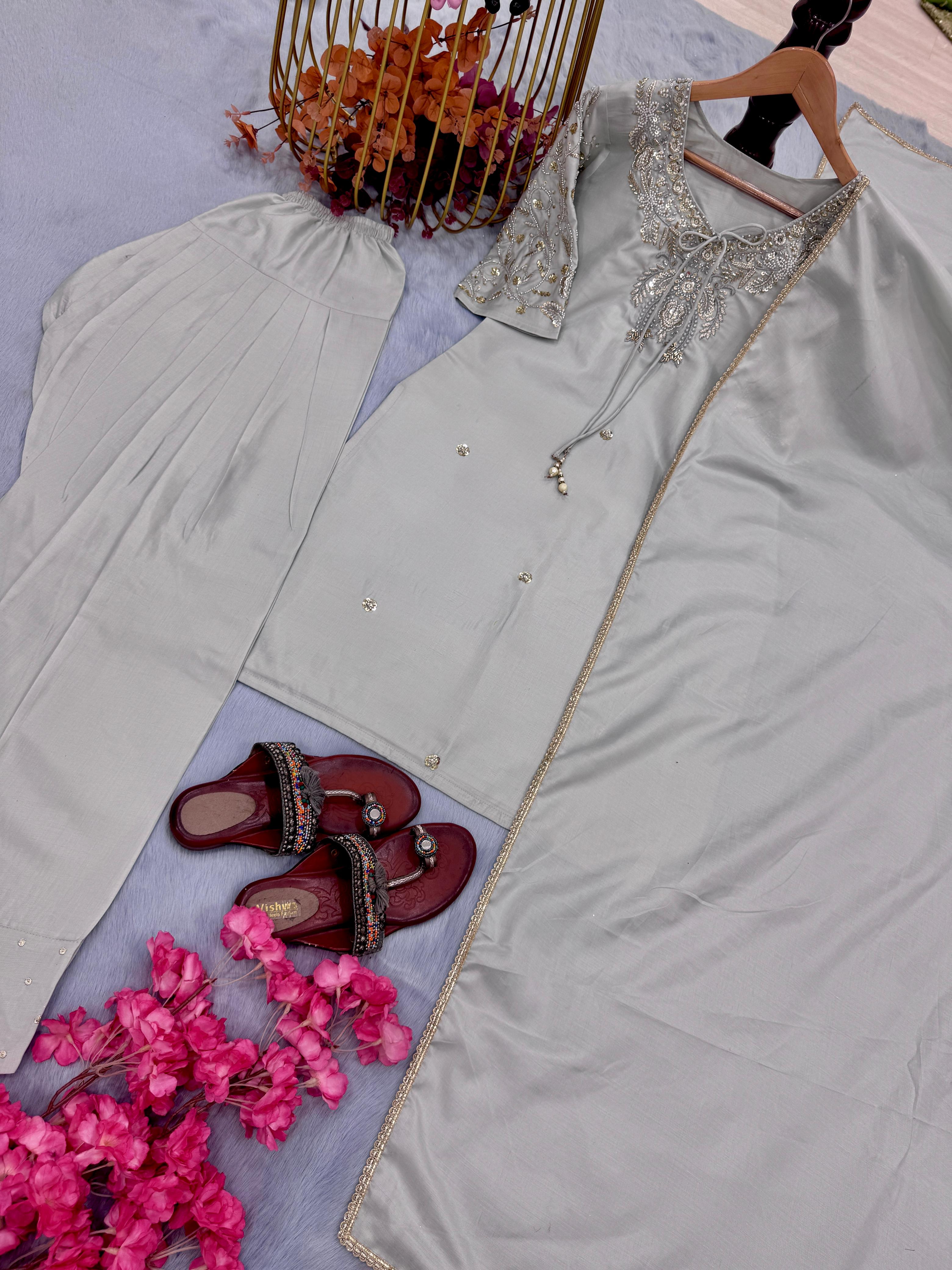 Beads Work Grey Color Patiala Style Salwar Suit