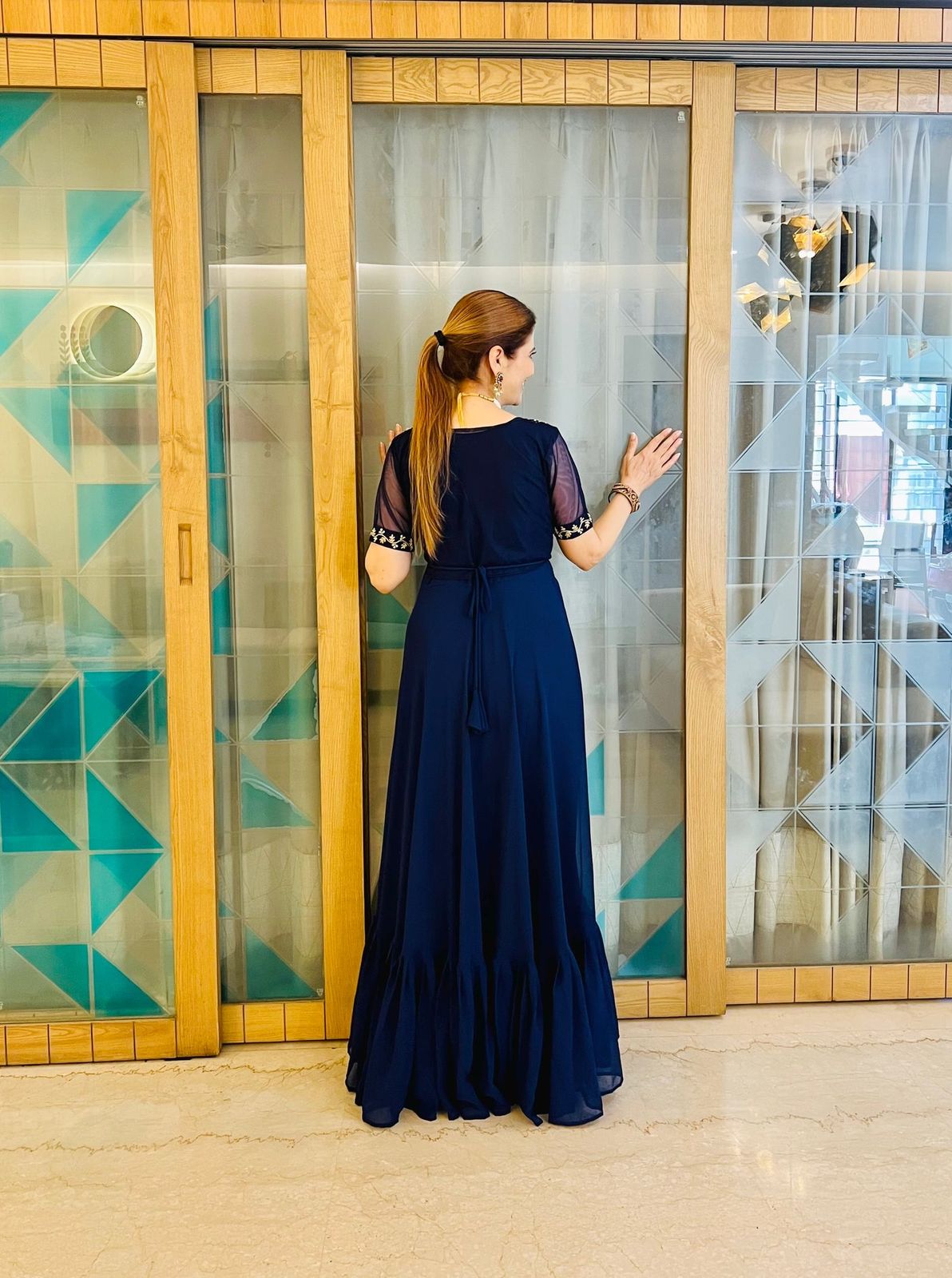 Designer Georgette Navy Blue Color Gown With Koti