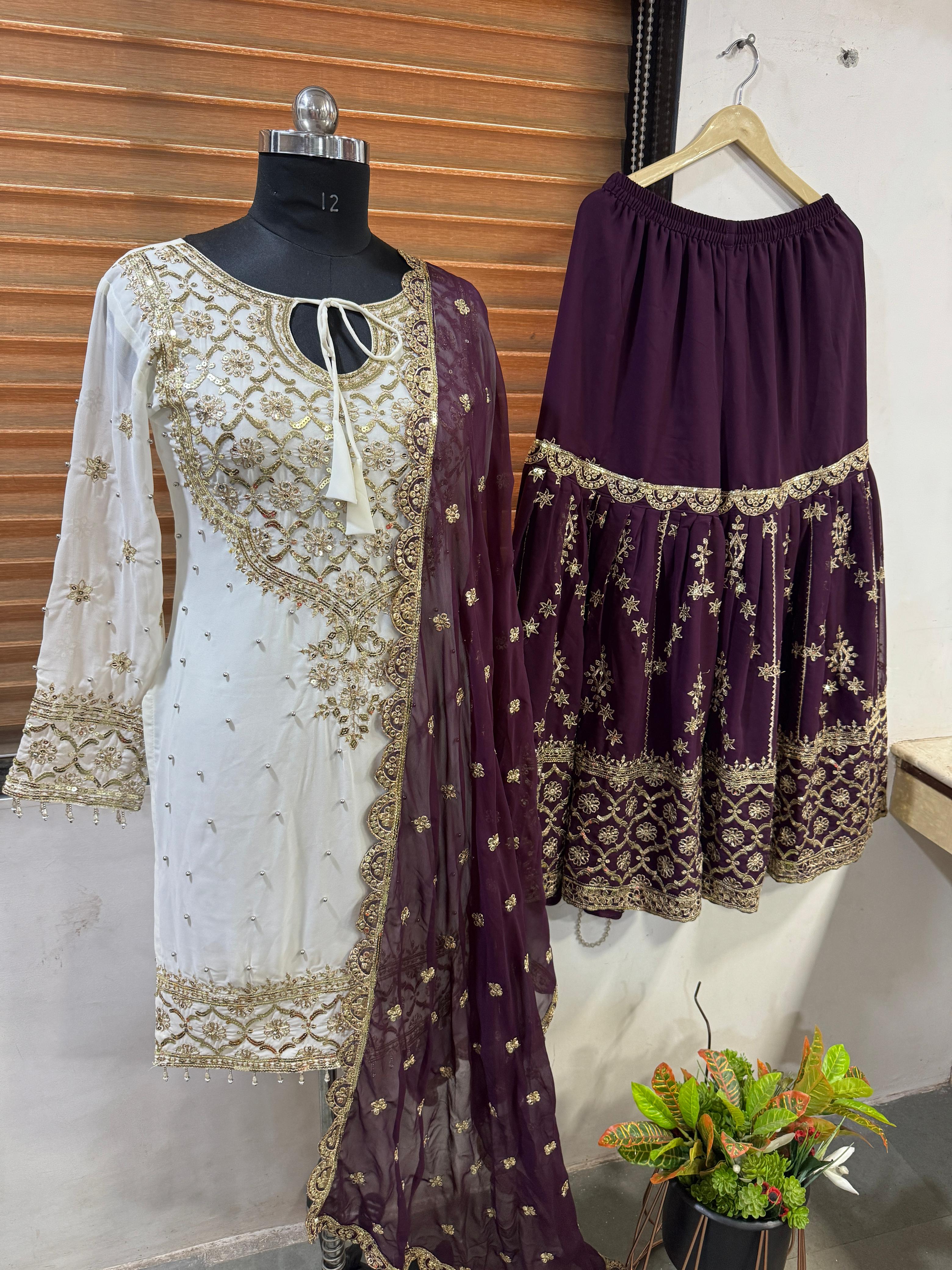 Fabulous Heavy Work White Color Suit With Wine Sharara