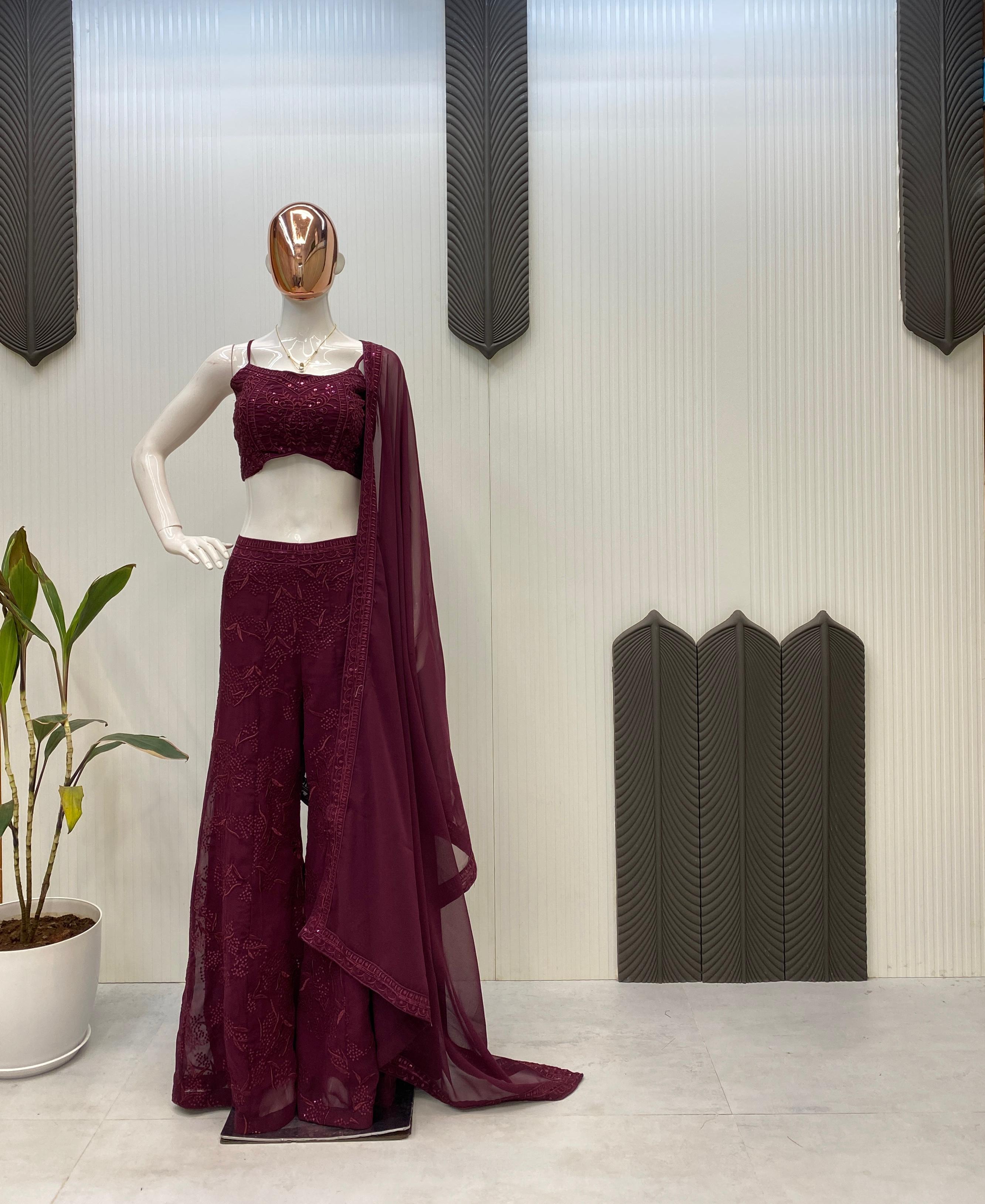 Attractive Sequence Embroidery Work Maroon Color Palazzo With Dupatta