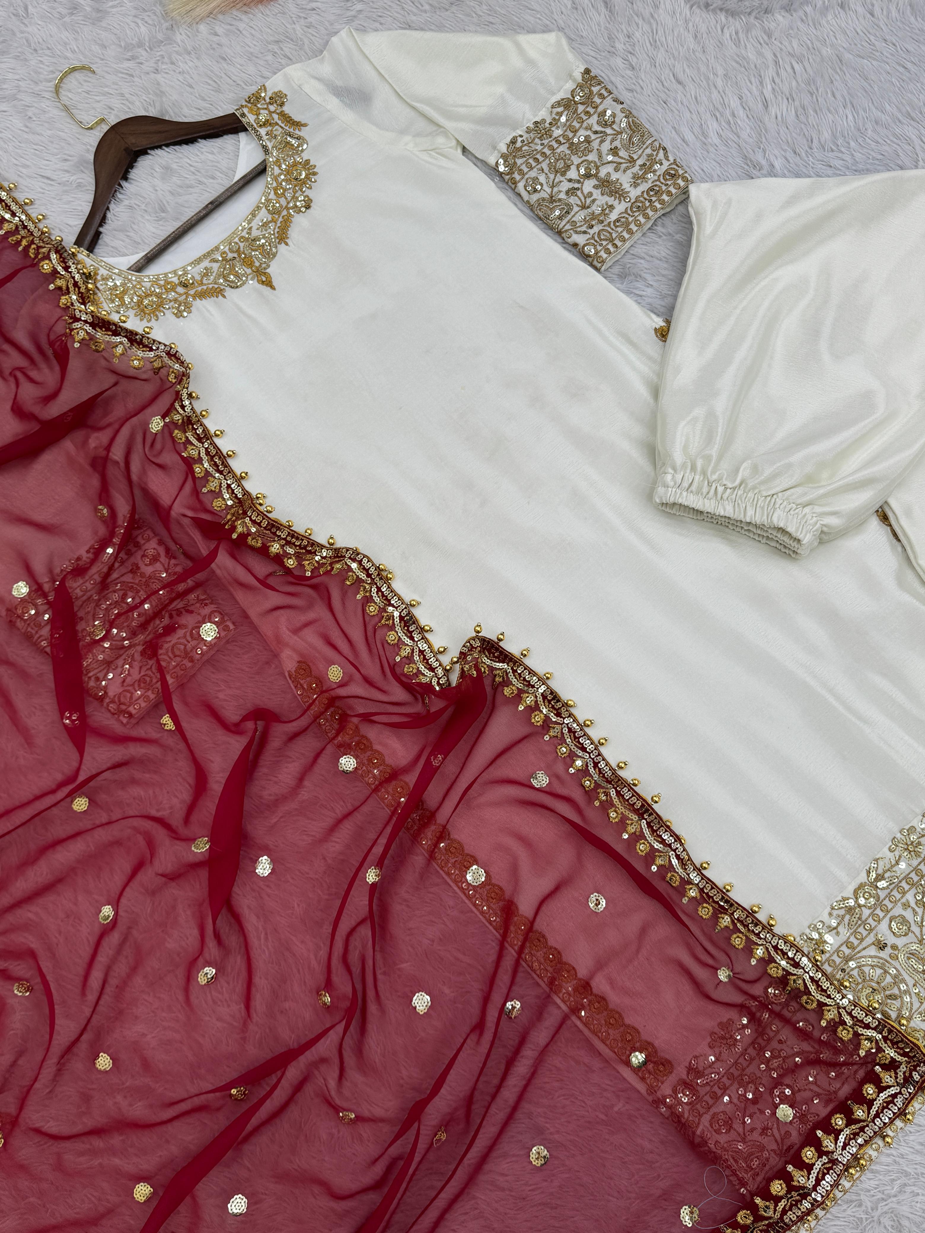 Good Looking Sequin Work White Color Top Palazzo With Dupatta