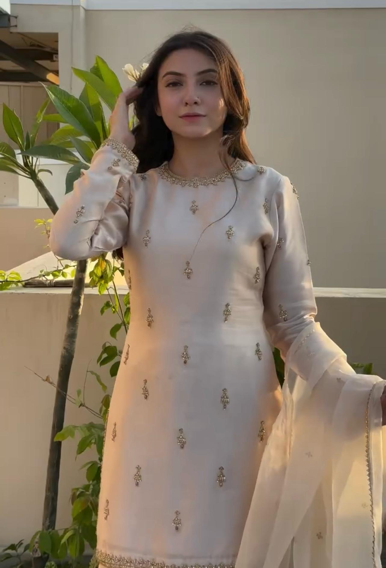 Delightful Embroidery Work Cream Color Palazzo Suit