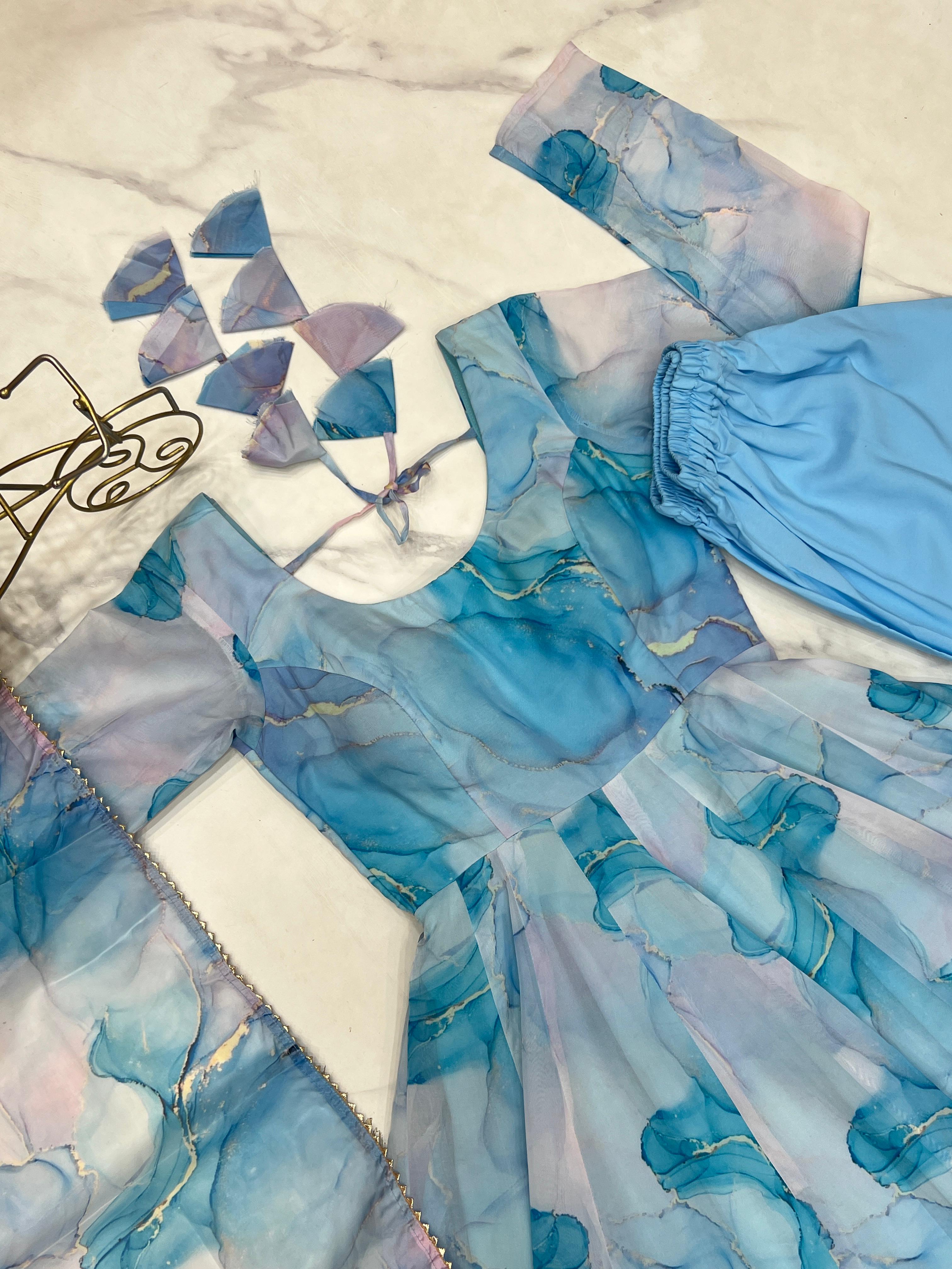 Marble Print Organza Silk Sky Blue Anarkali Suit