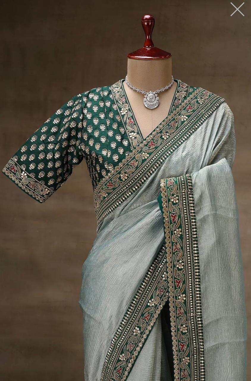 Pista Color Banarasi Crush Designer Saree