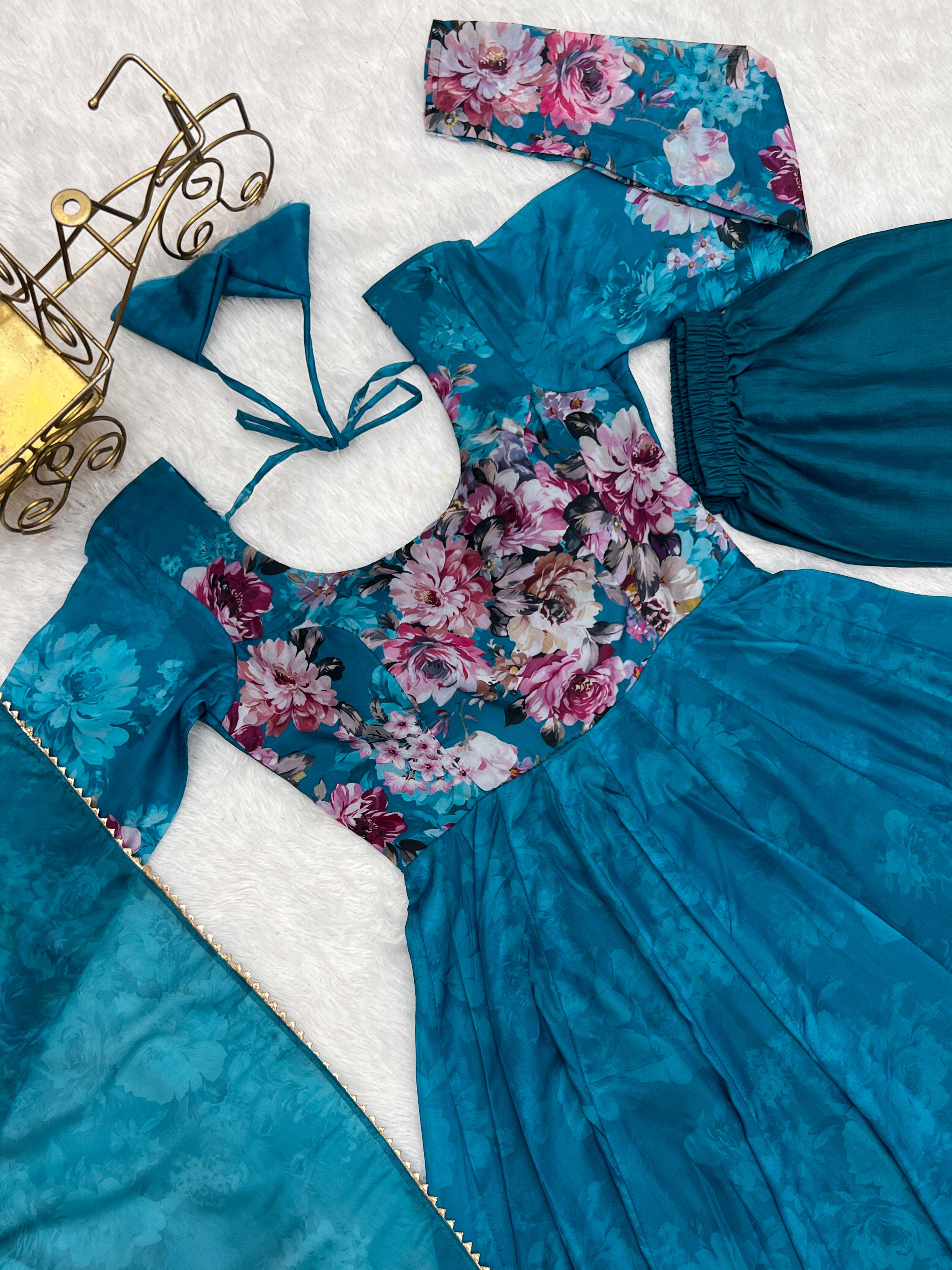 Casual Wear Multi Flower Print Blue Color Anarkali Suit