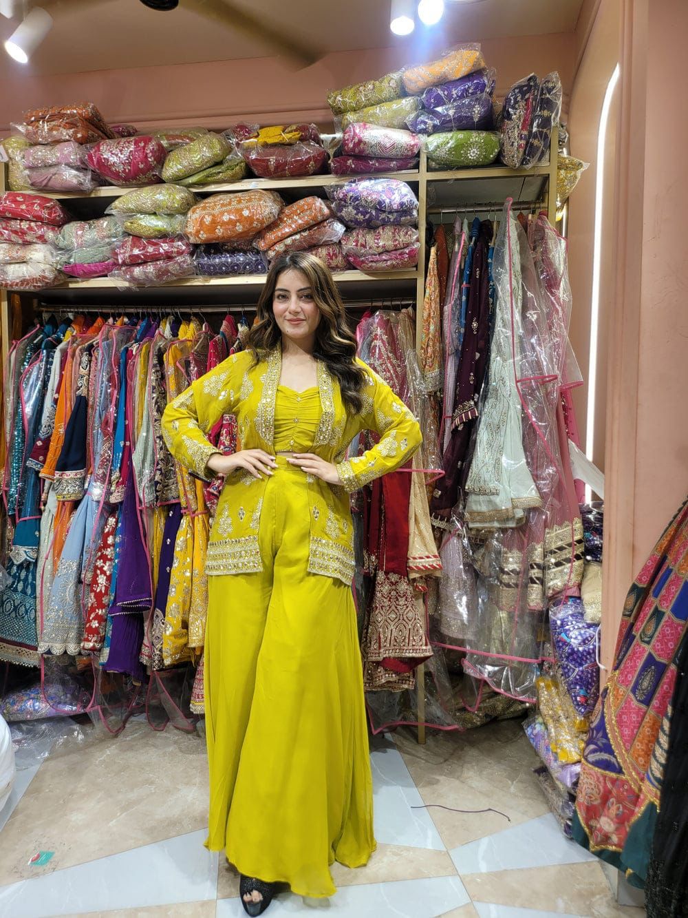 Attractive Georgette Yellow Color Palazzo With Koti