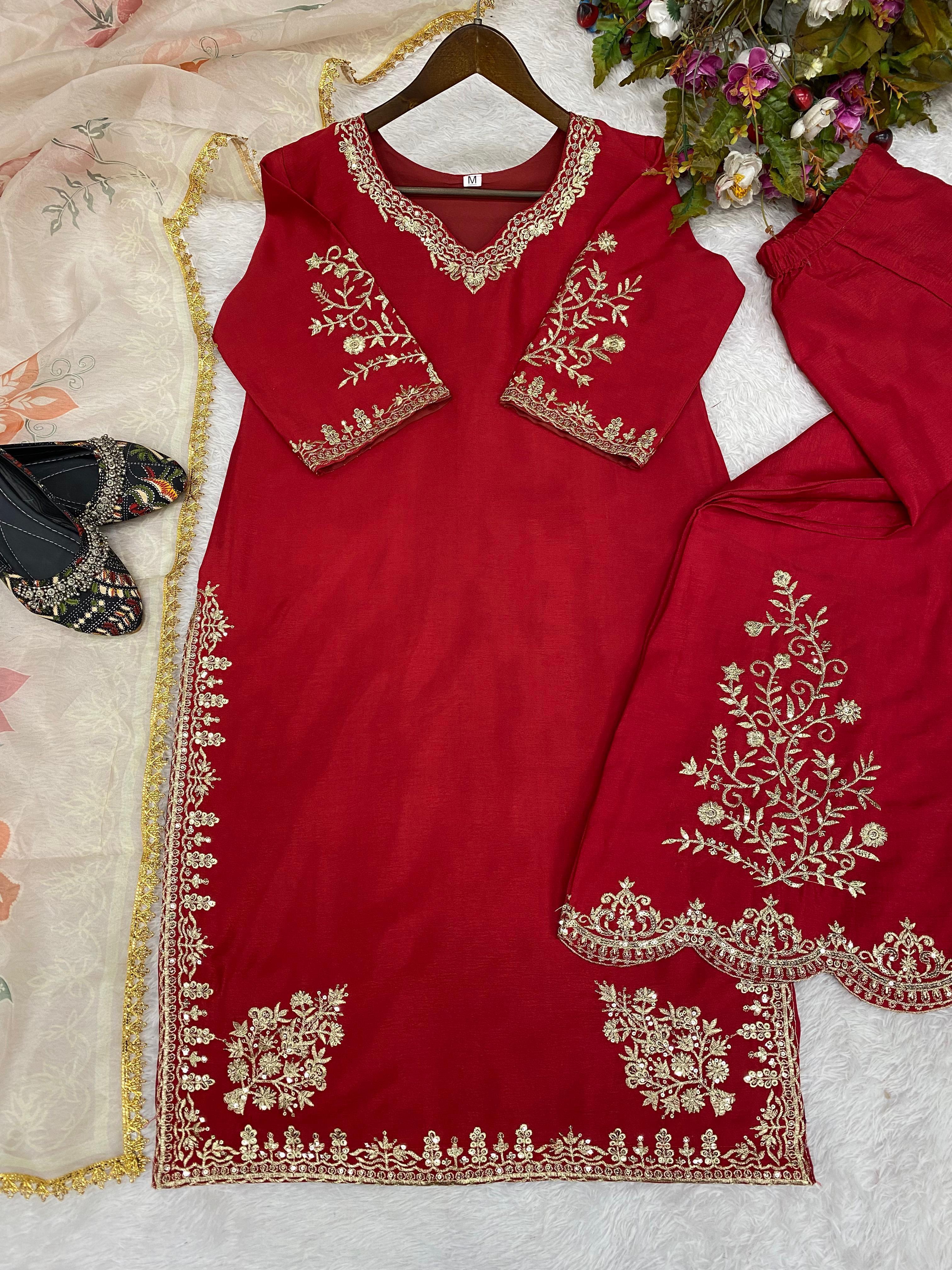Unique Chinon Embroidery Work Red Color Sharara Suit