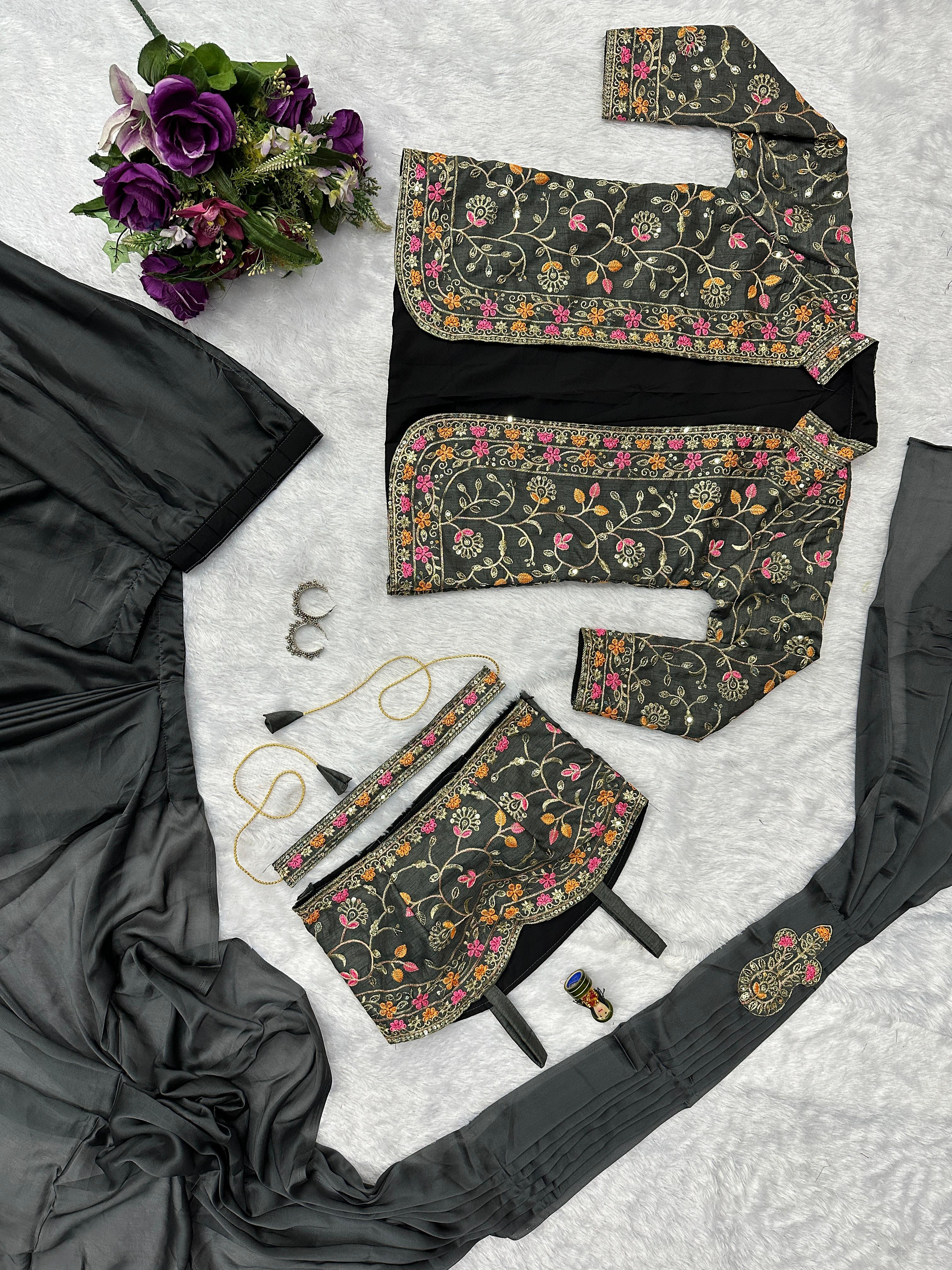 Wedding Wear Rangoli Silk Black Color Saree With Koti