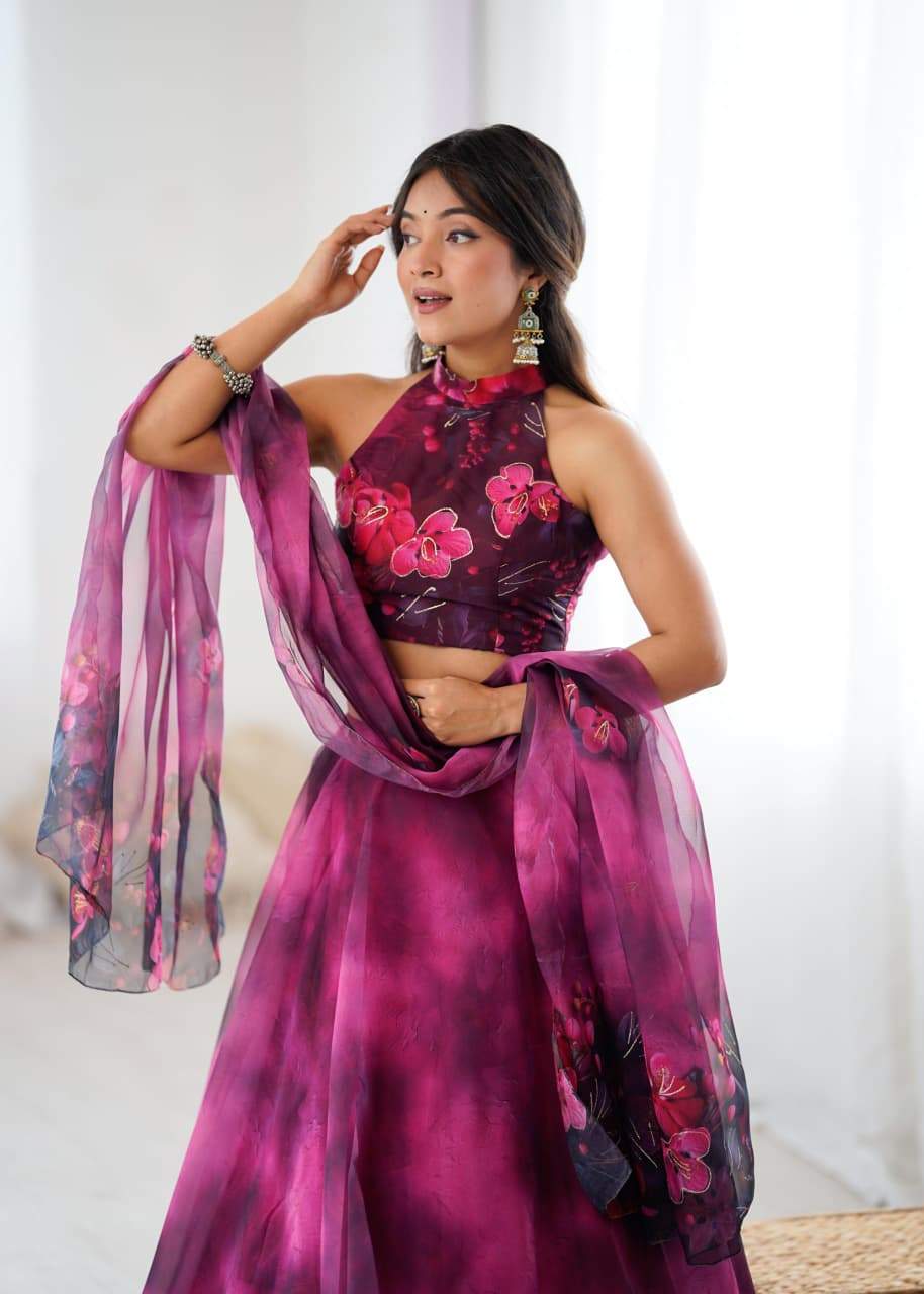 Admiring Pink Color Digital Printed Organza Work Lehenga