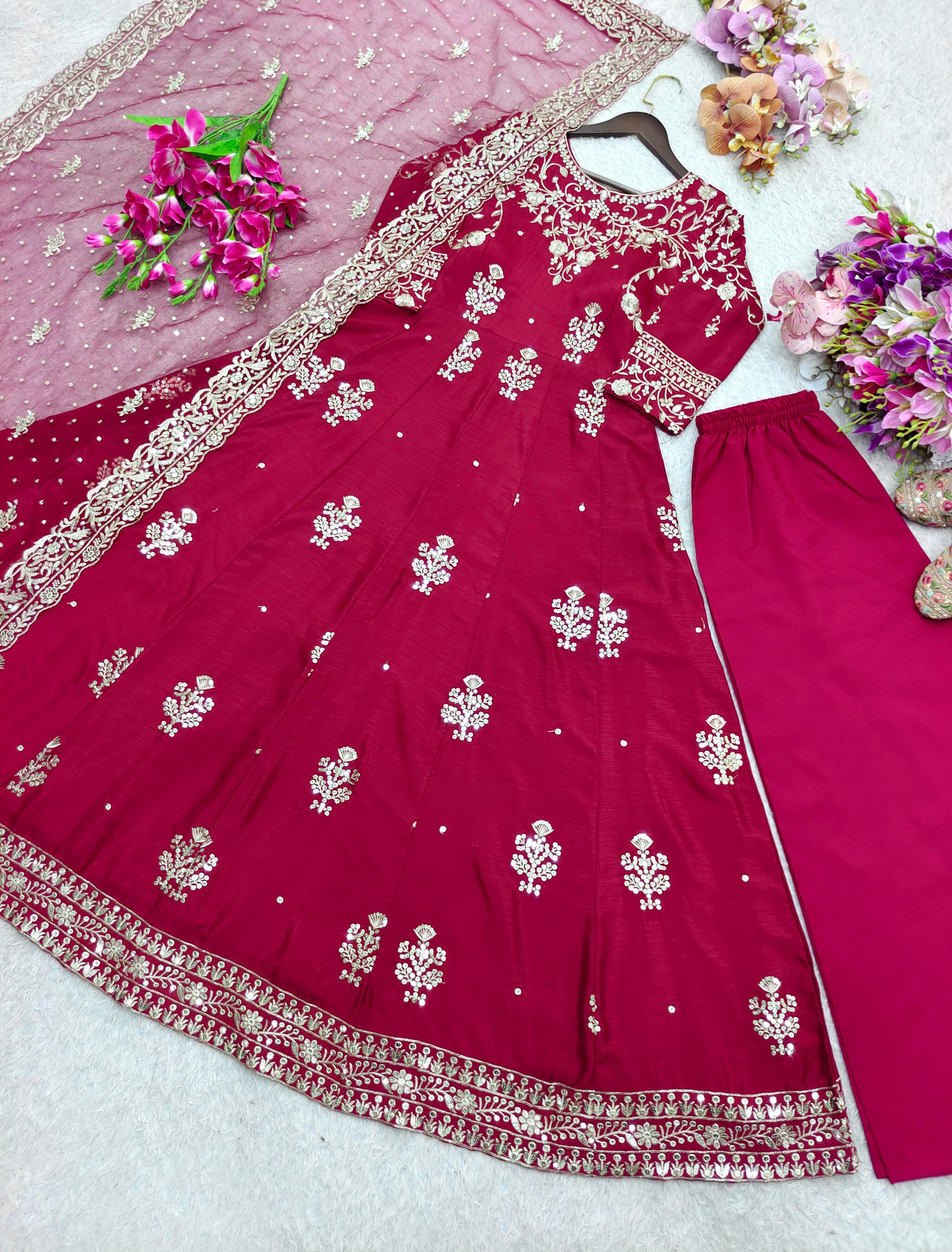 Awesome Pink Color Sequence Work Gown