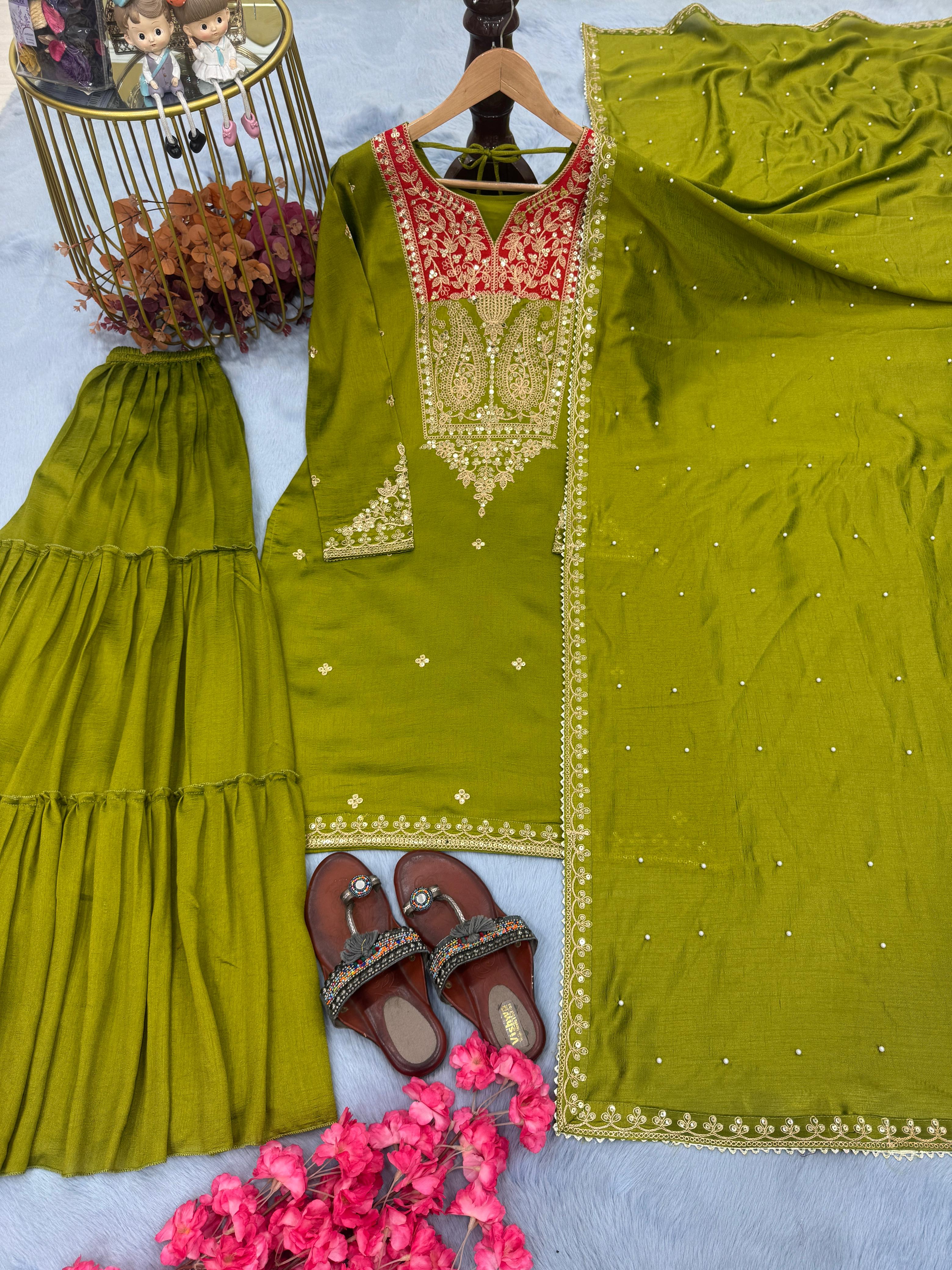 Opulent Vichitra 5mm Sequence Work Perrot Green Color Sharara Suit