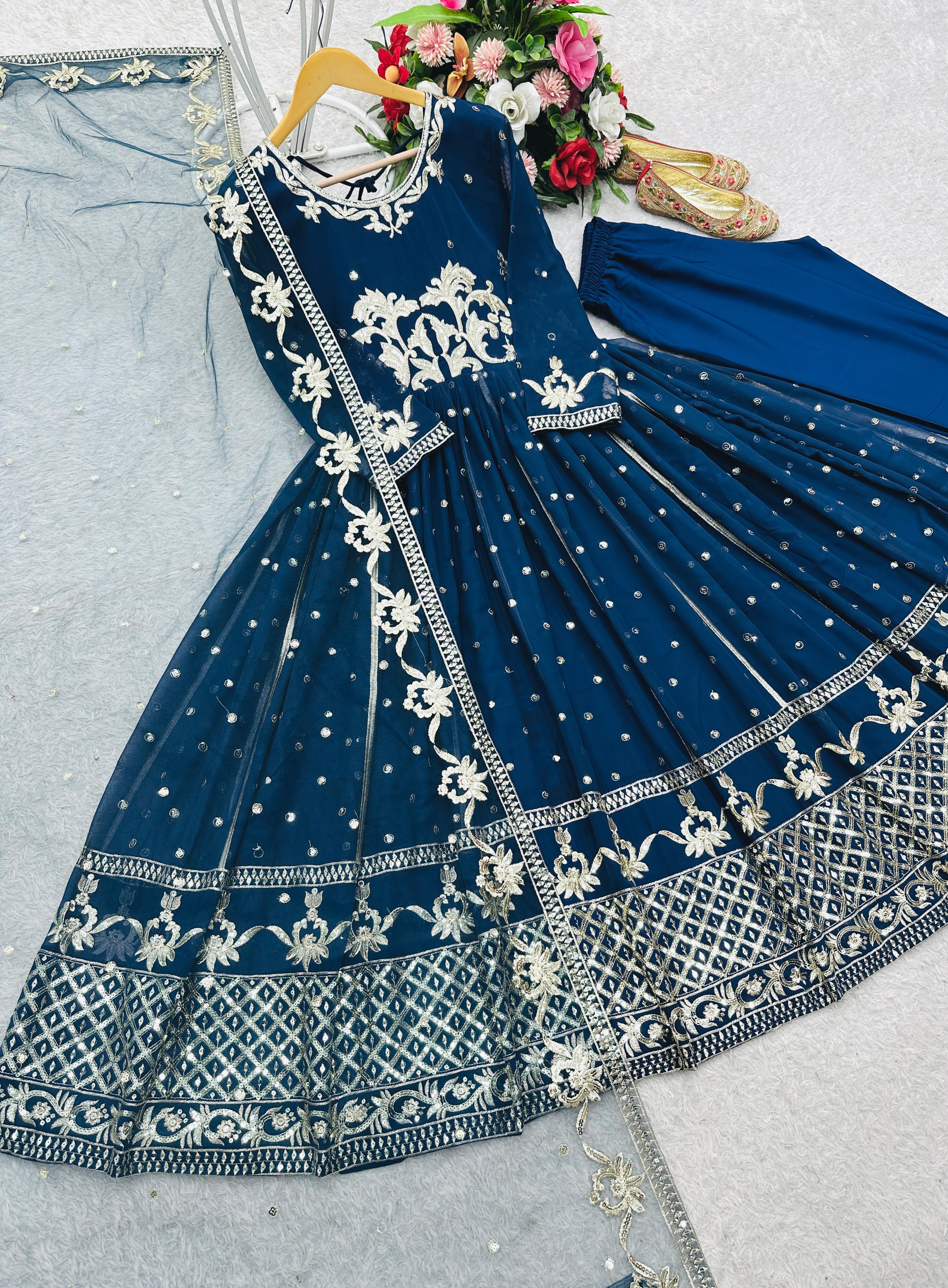 Stylish Blue Georgette Sequence Work Gown