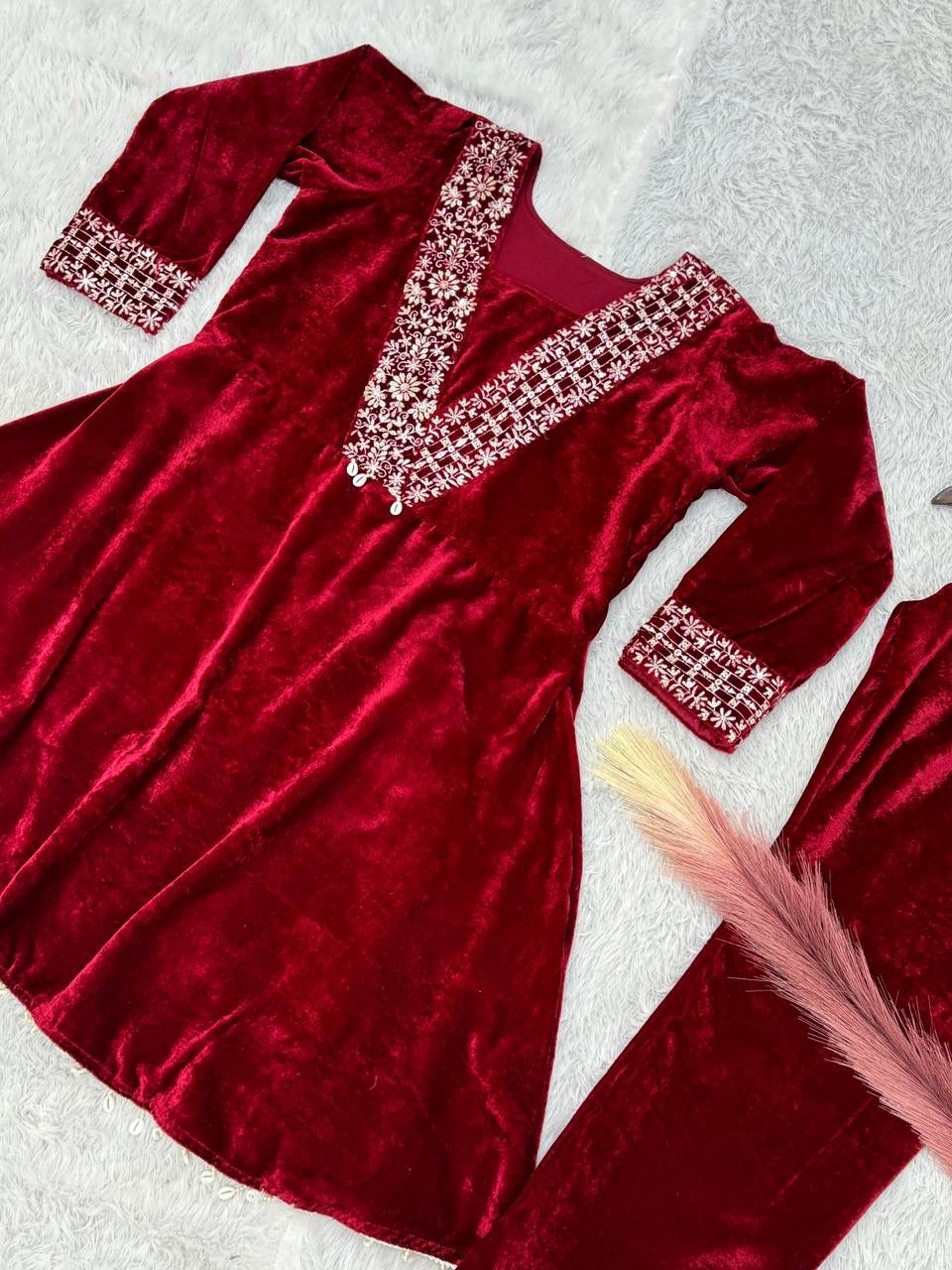 Peaceful Velvet Red Color Top With Pent