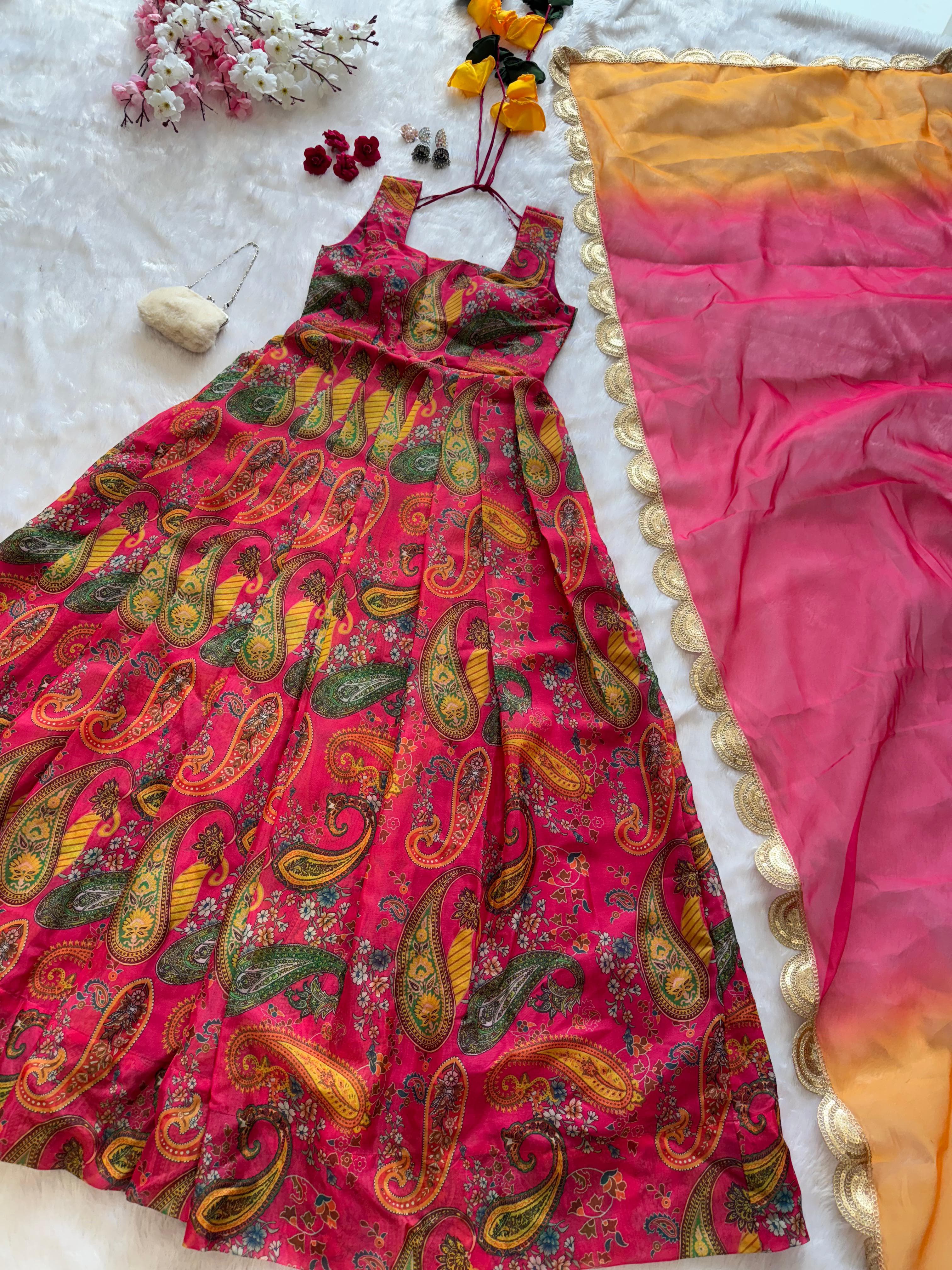 Organza Printed Pink Color Huge Flair Gown