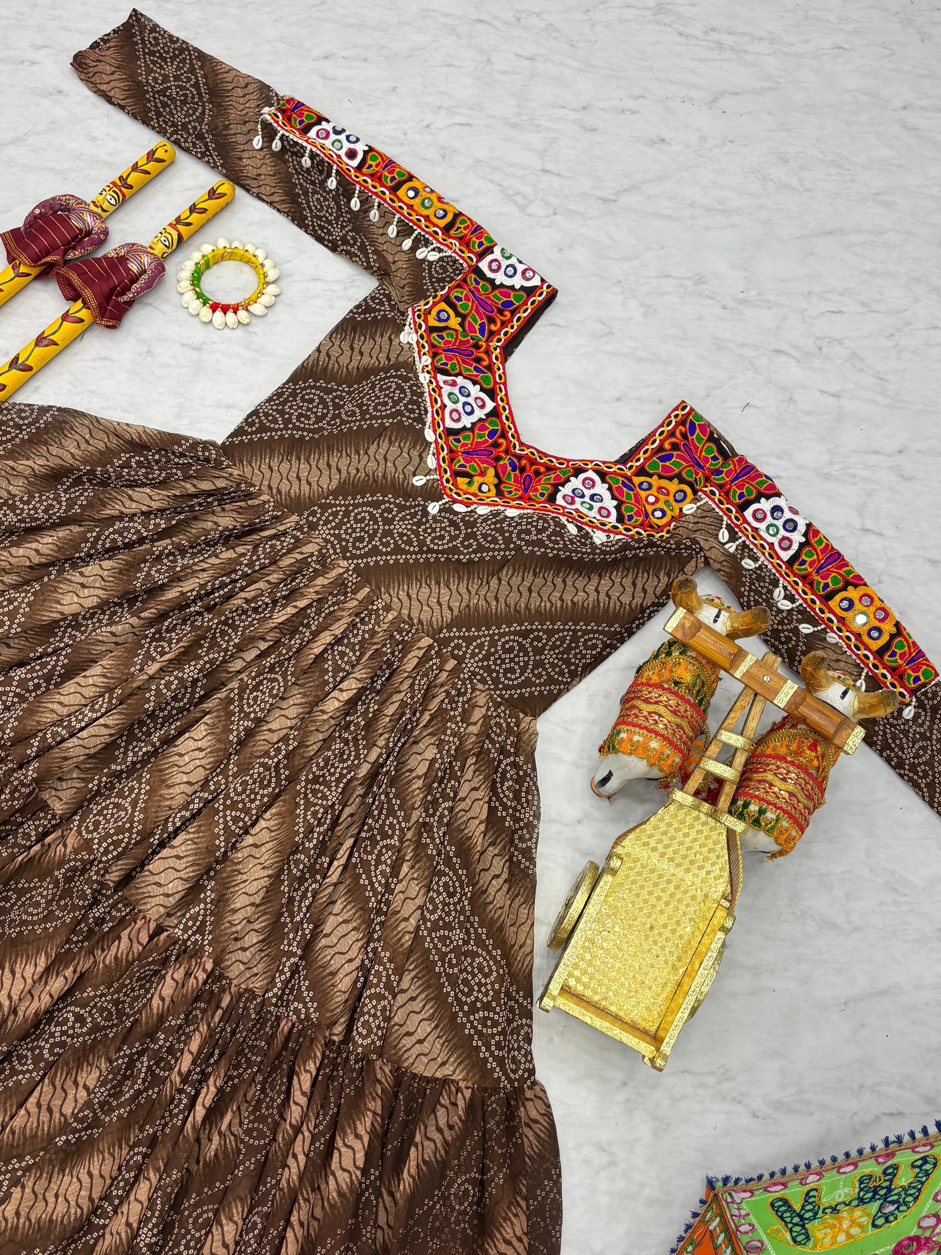 Designer Bandhani Printed Brown Color Navratri Gown