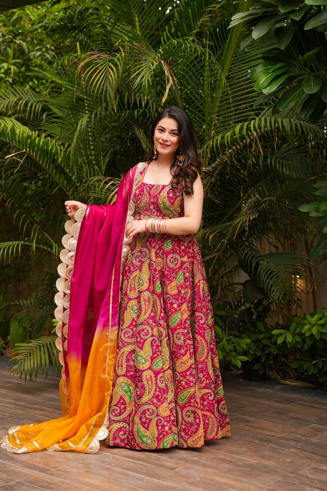 Organza Printed Pink Color Huge Flair Gown