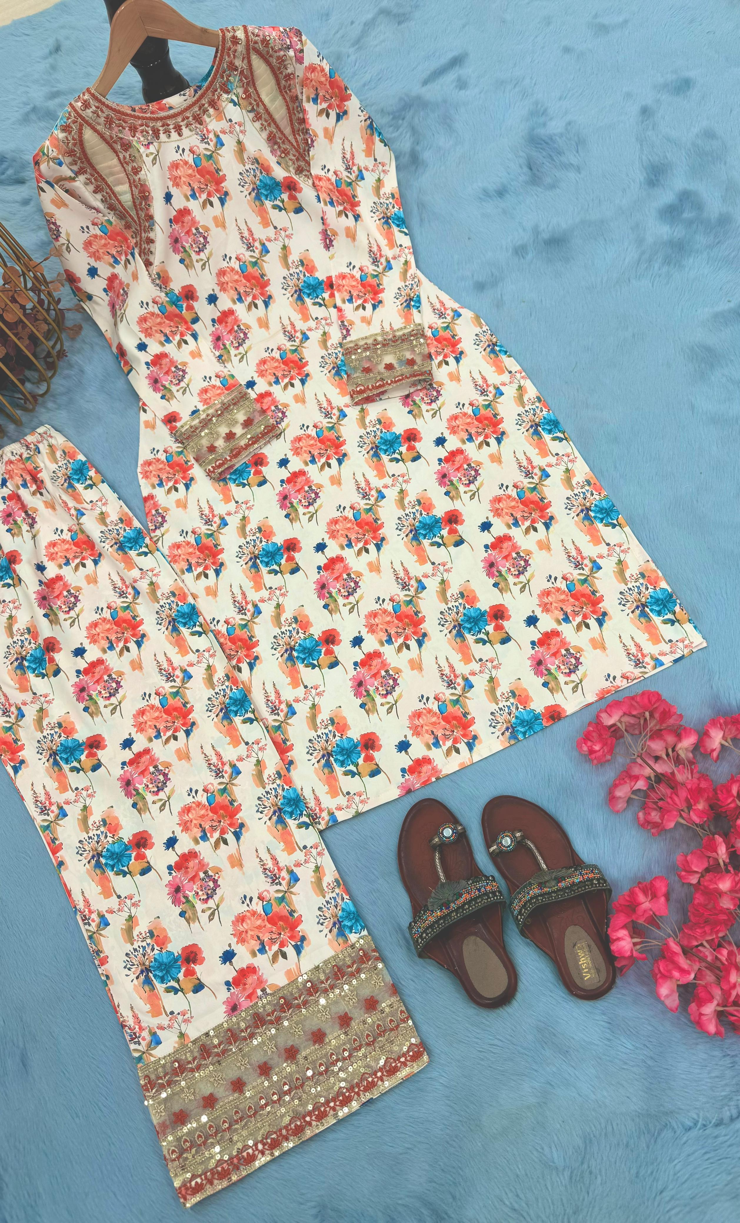 Beige Color Flower Printed Co-ord Set