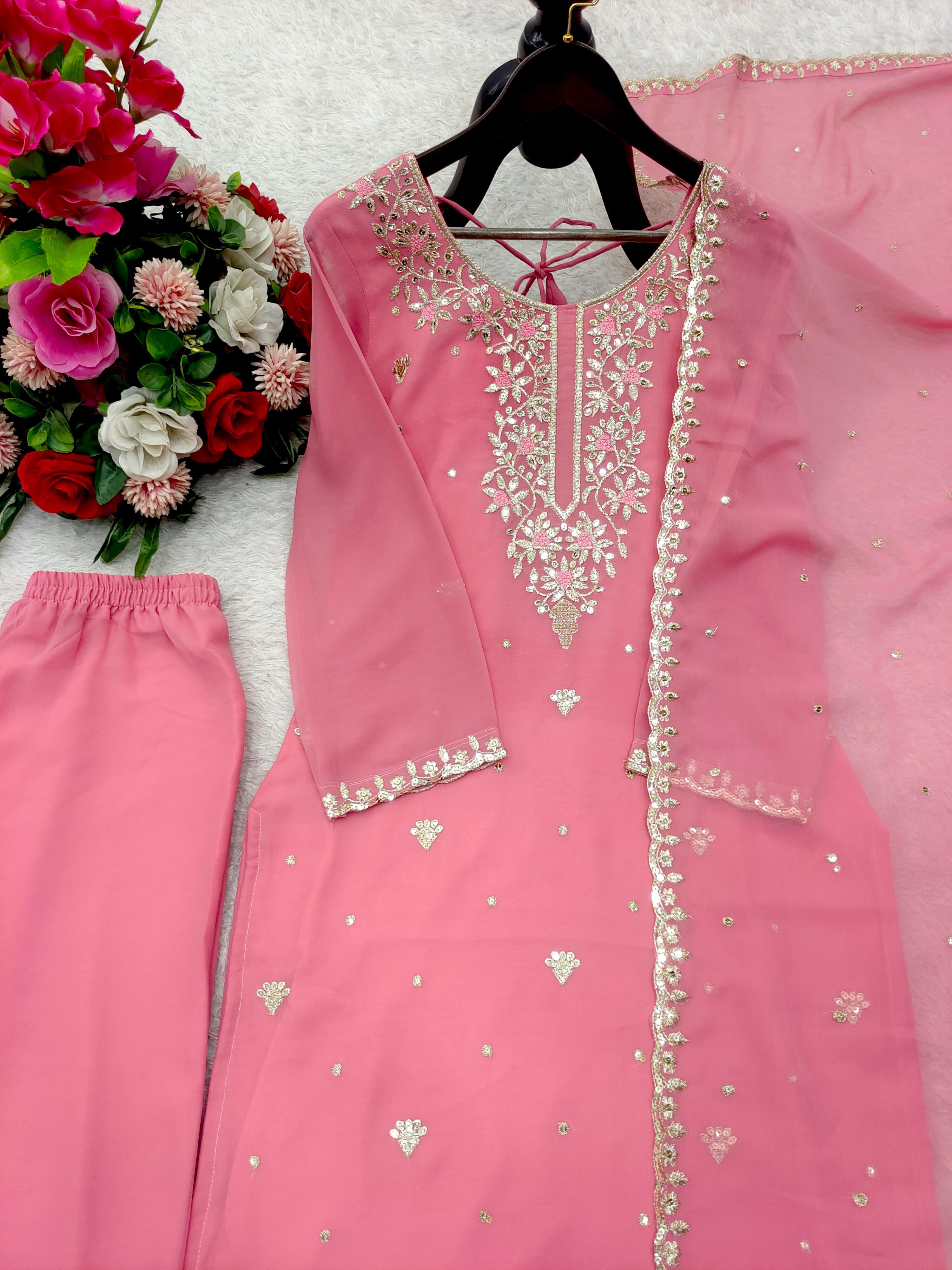 Lovely Pink Georgette Sequence Work Straight Salwar Suit