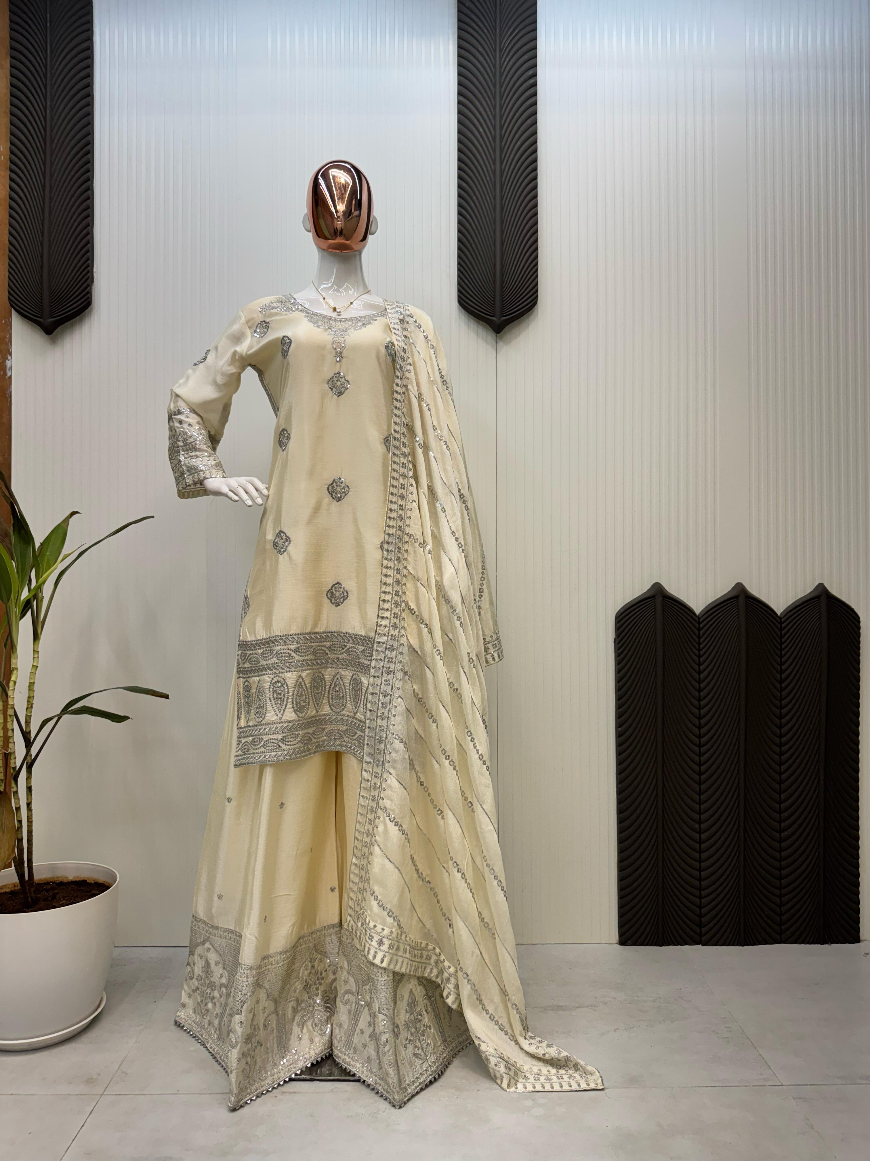 Beautiful Chinon Embroidery Work Cream Color Sharara Suit