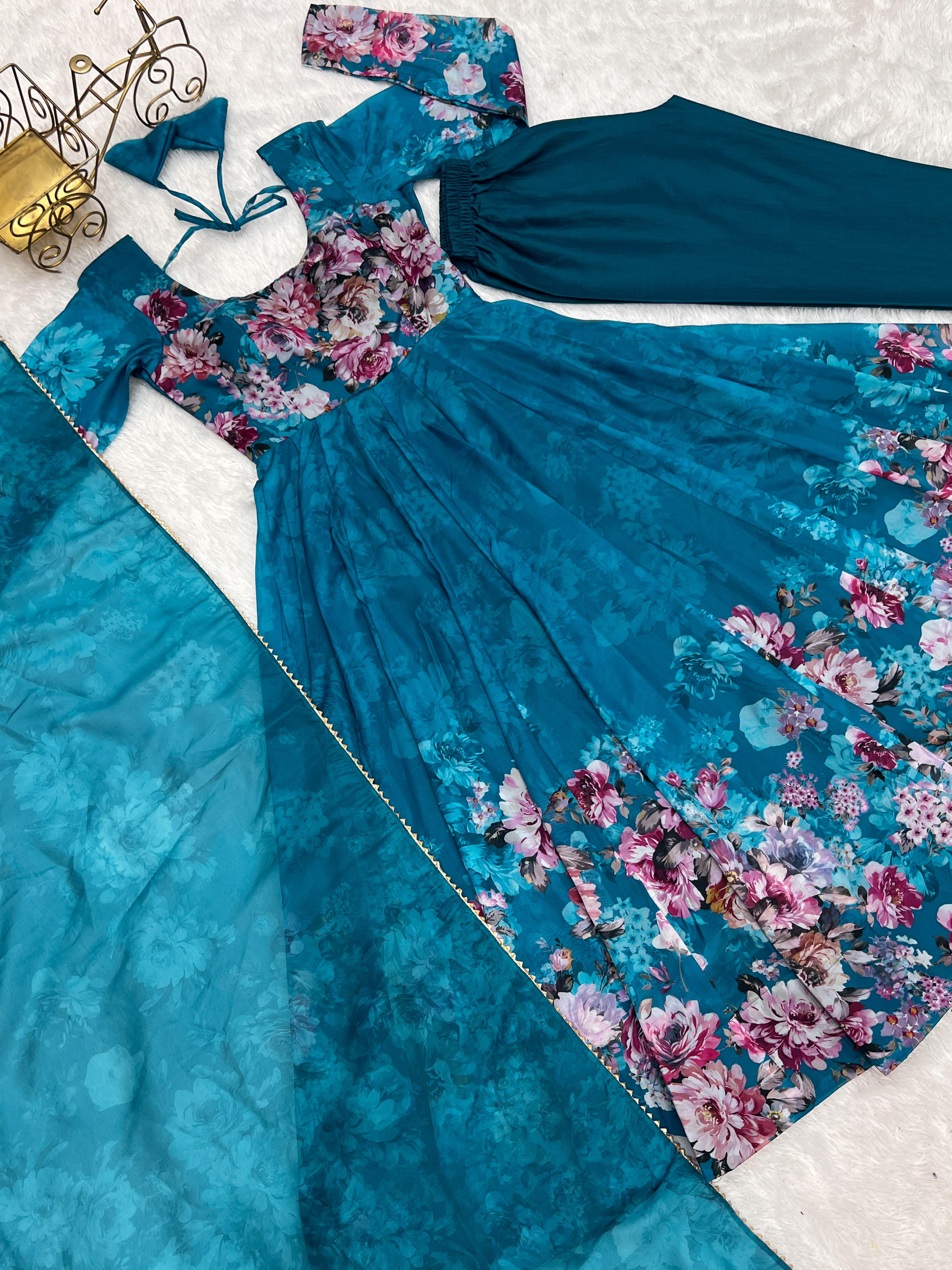 Casual Wear Multi Flower Print Blue Color Anarkali Suit
