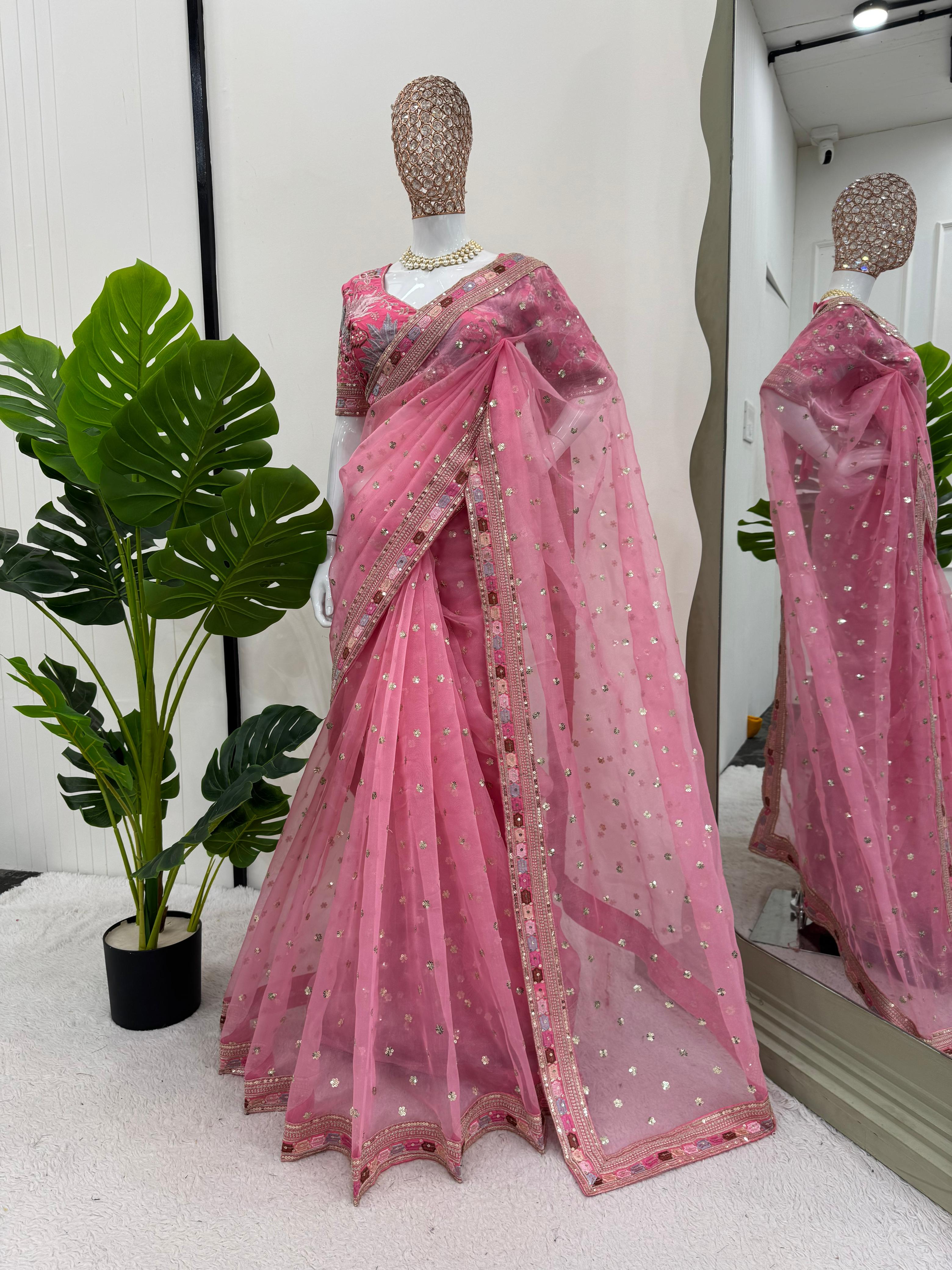 Captivating Organza Silk Pink Color Designer Saree