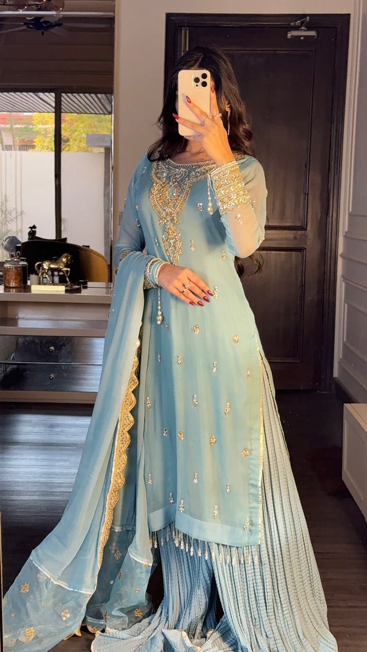 Wonderful Embroidery Work Sky Blue Color Sharara Suit