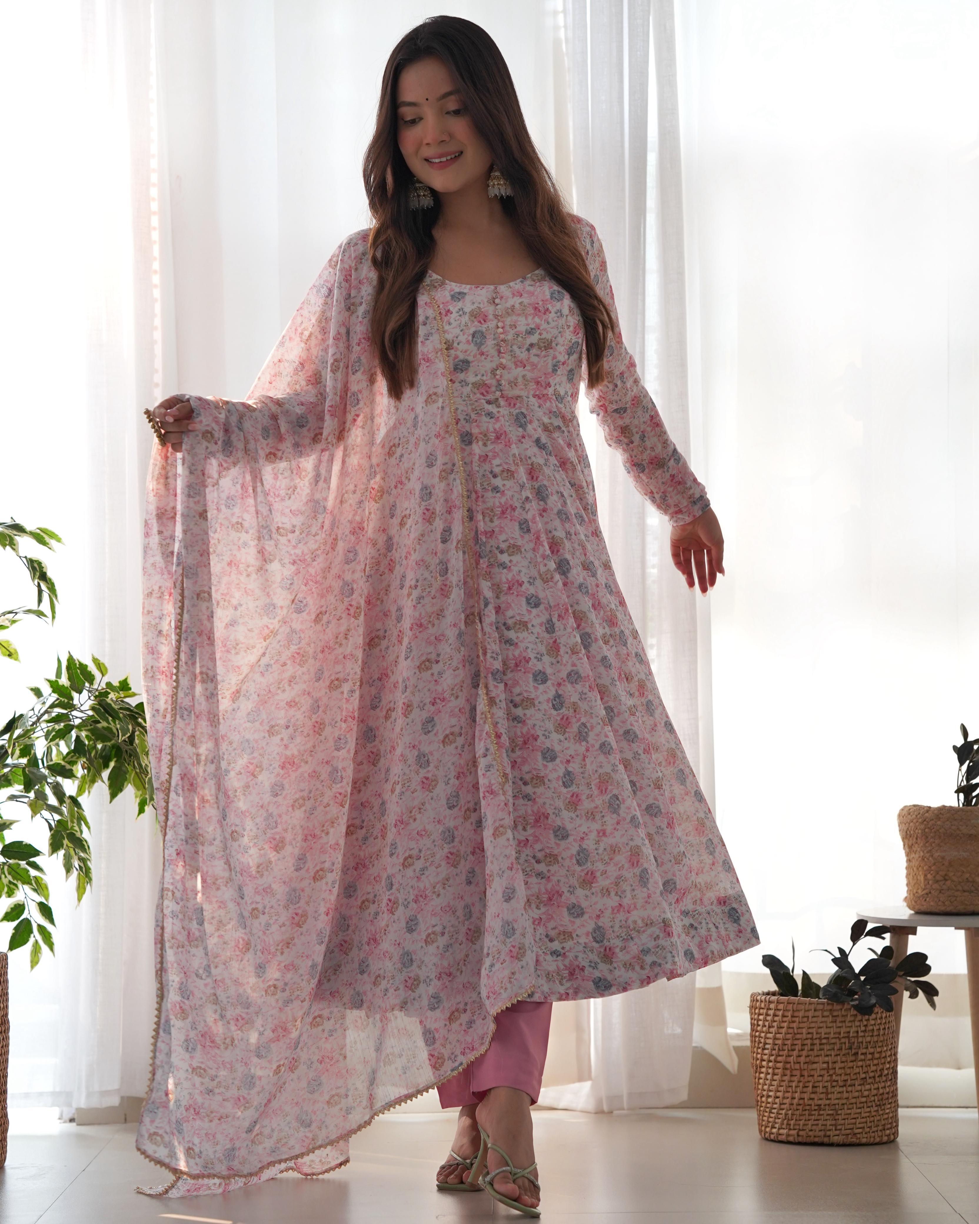 Trendy Orange Flower Print Pink Color Anarkali Suit