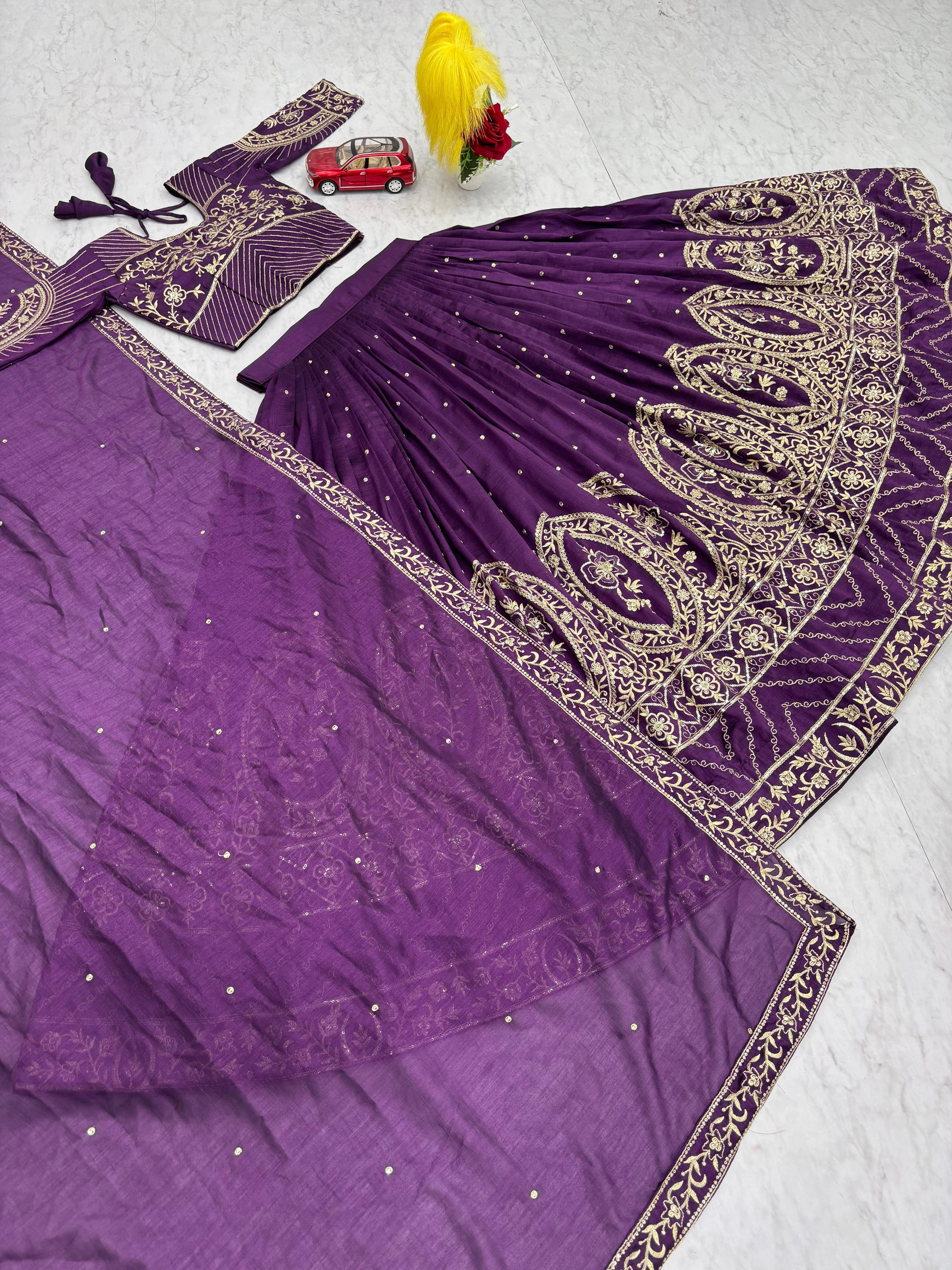 Beautiful Purple Vichitra Silk Embroidery Lehenga Choli