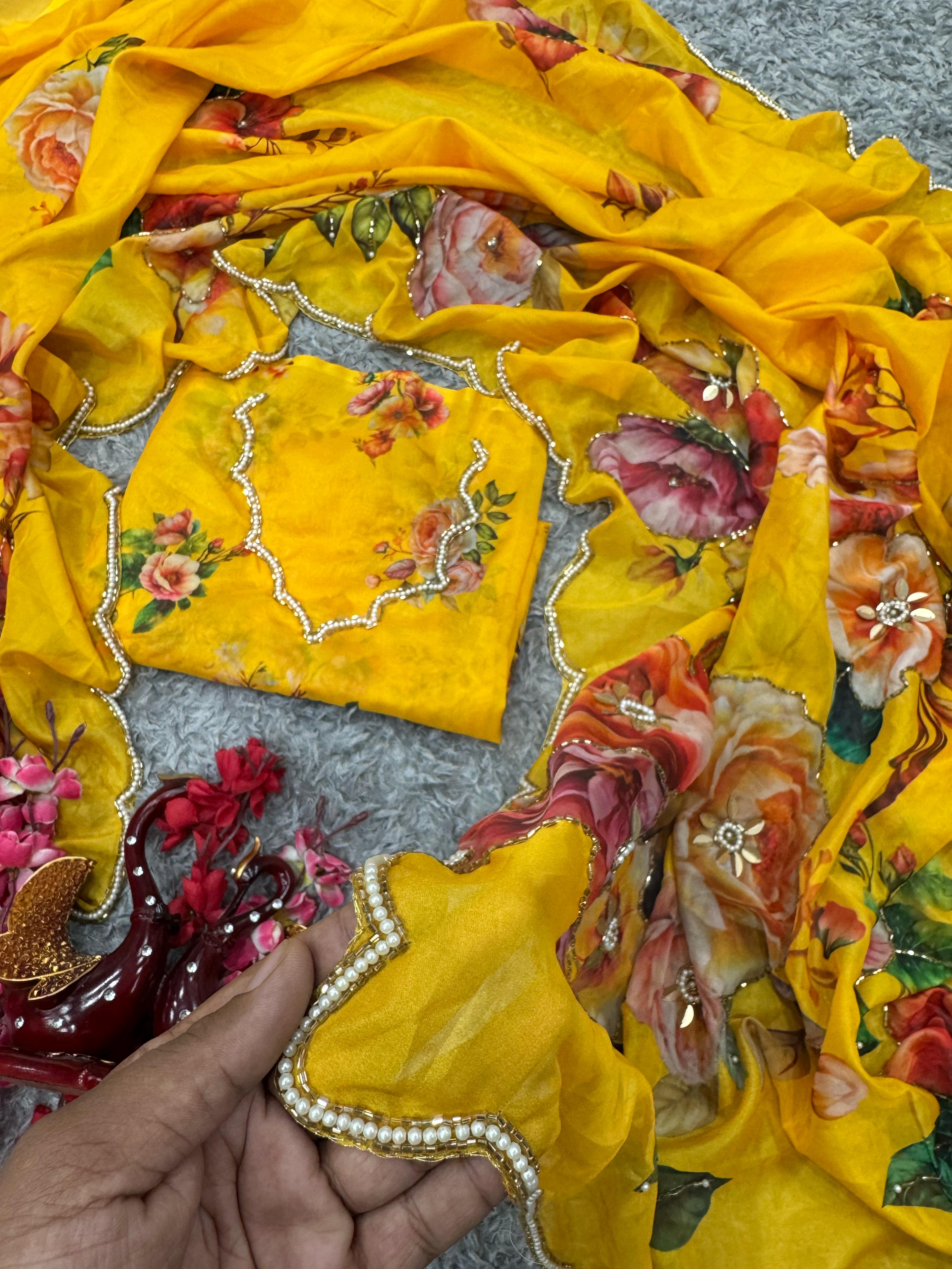 Exclusive Floral Print Yellow Color Saree