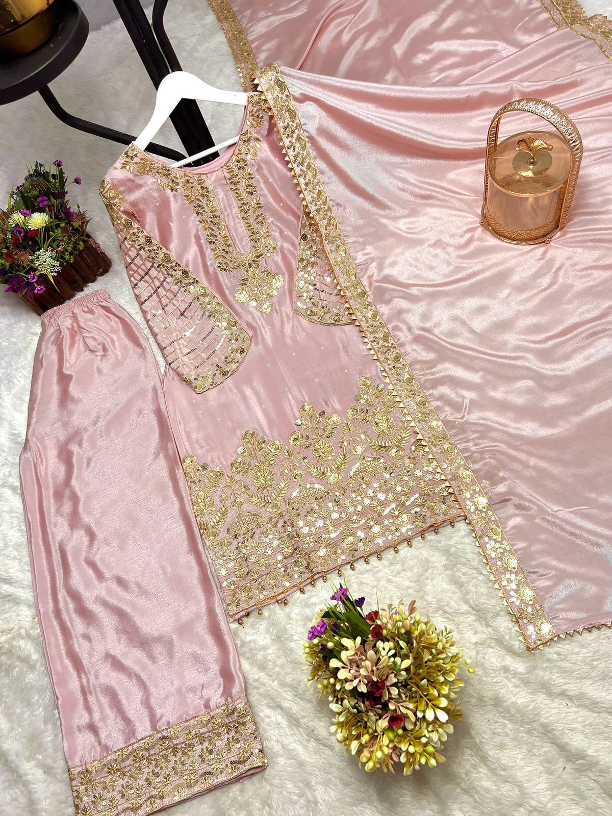 Ravishing Pink Chinon Silk Sequence Work Palazzo Suit