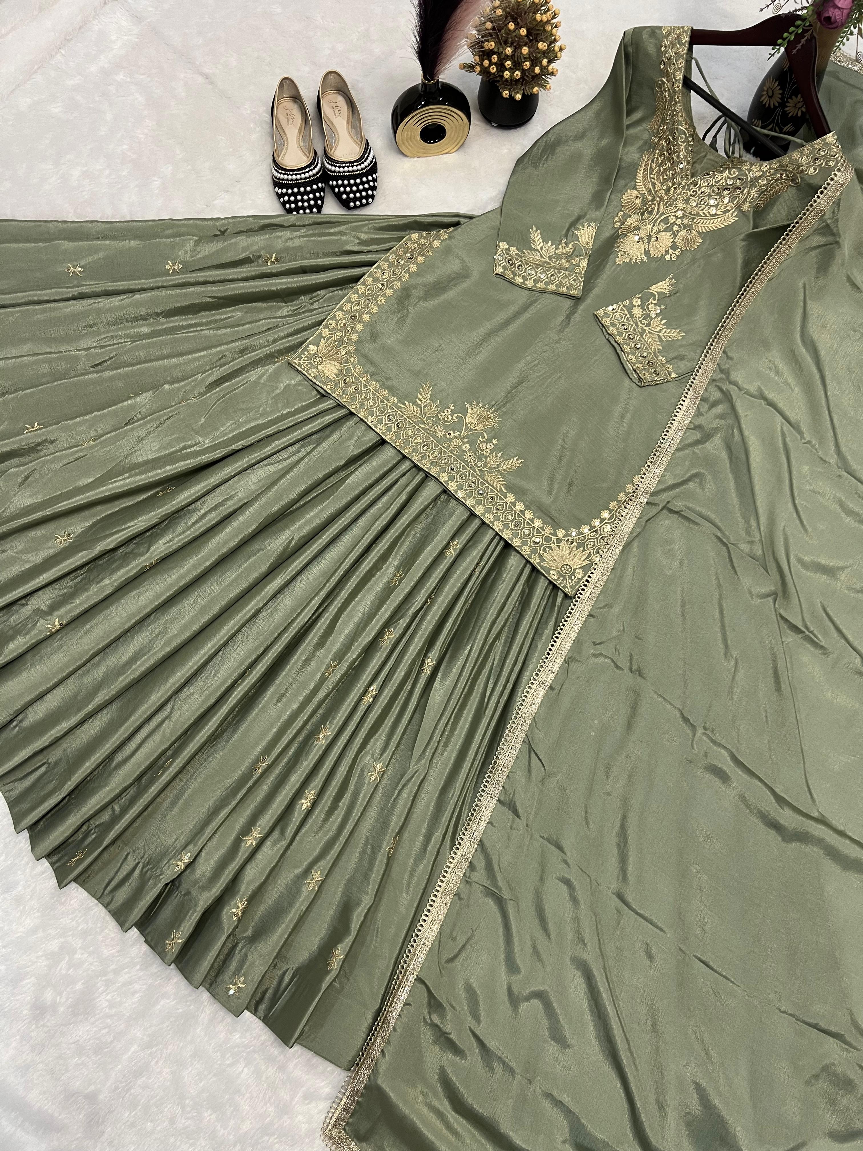 Good Looking Embroidery Work Mehndi Color Top With Lehenga Choli