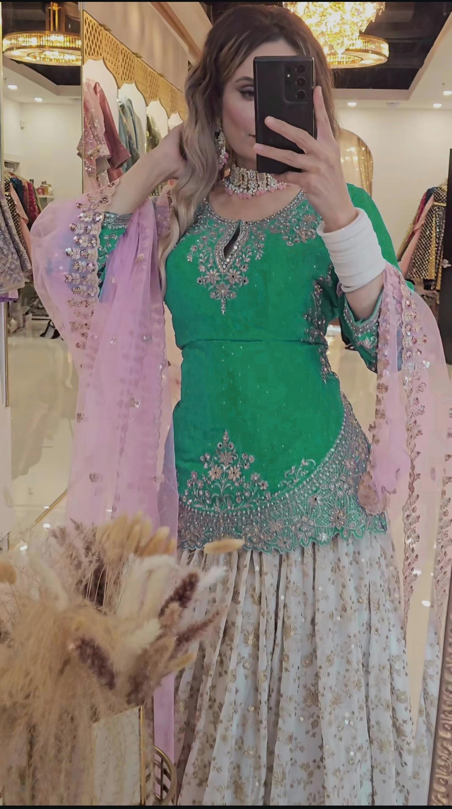 Traditional Wear Embroidery Work Green Color Top With Lehenga