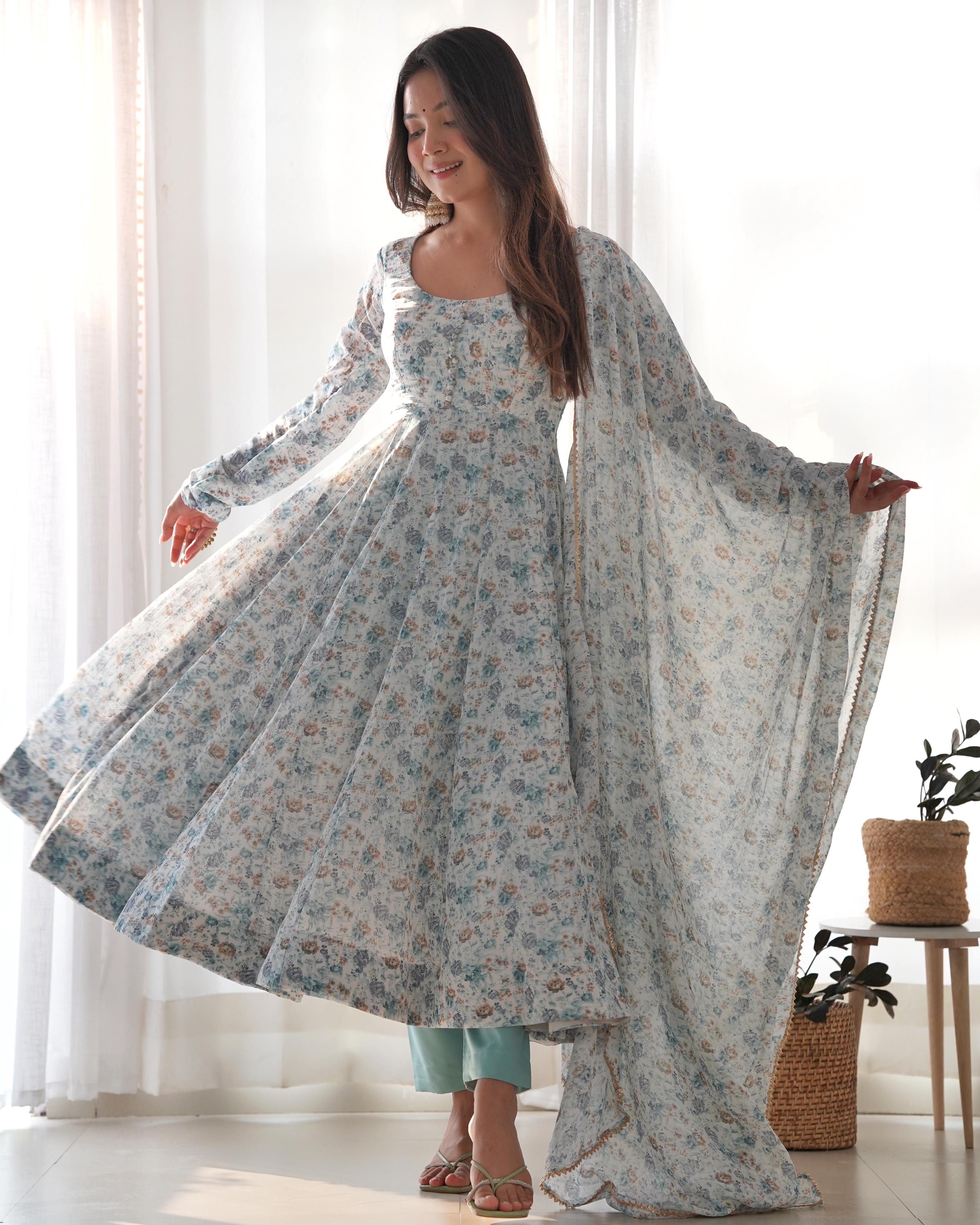 Trendy Orange Flower Print Sky Blue Color Anarkali Suit