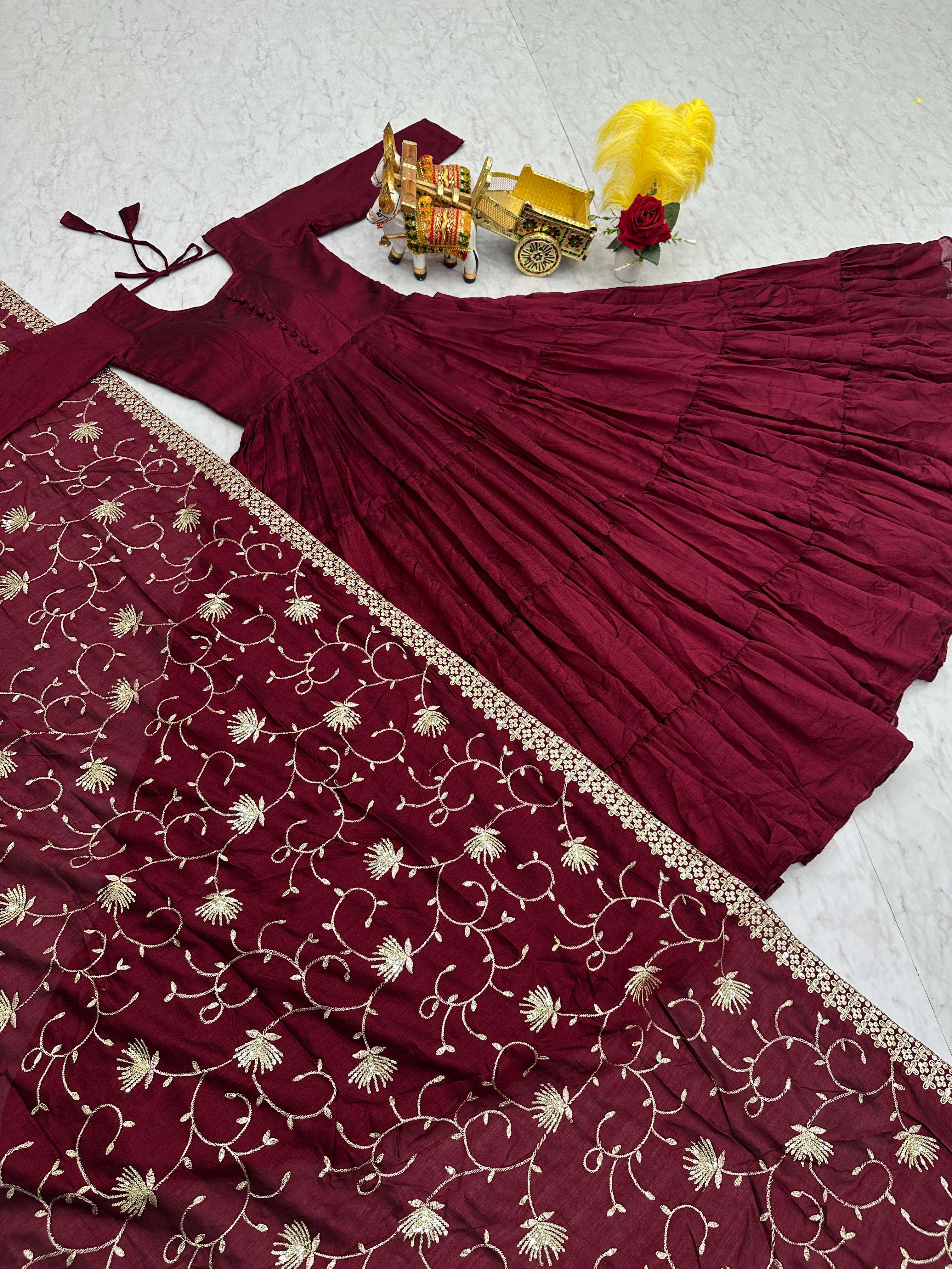 Traditional Wear Vichitra Silk Marron Color Gown
