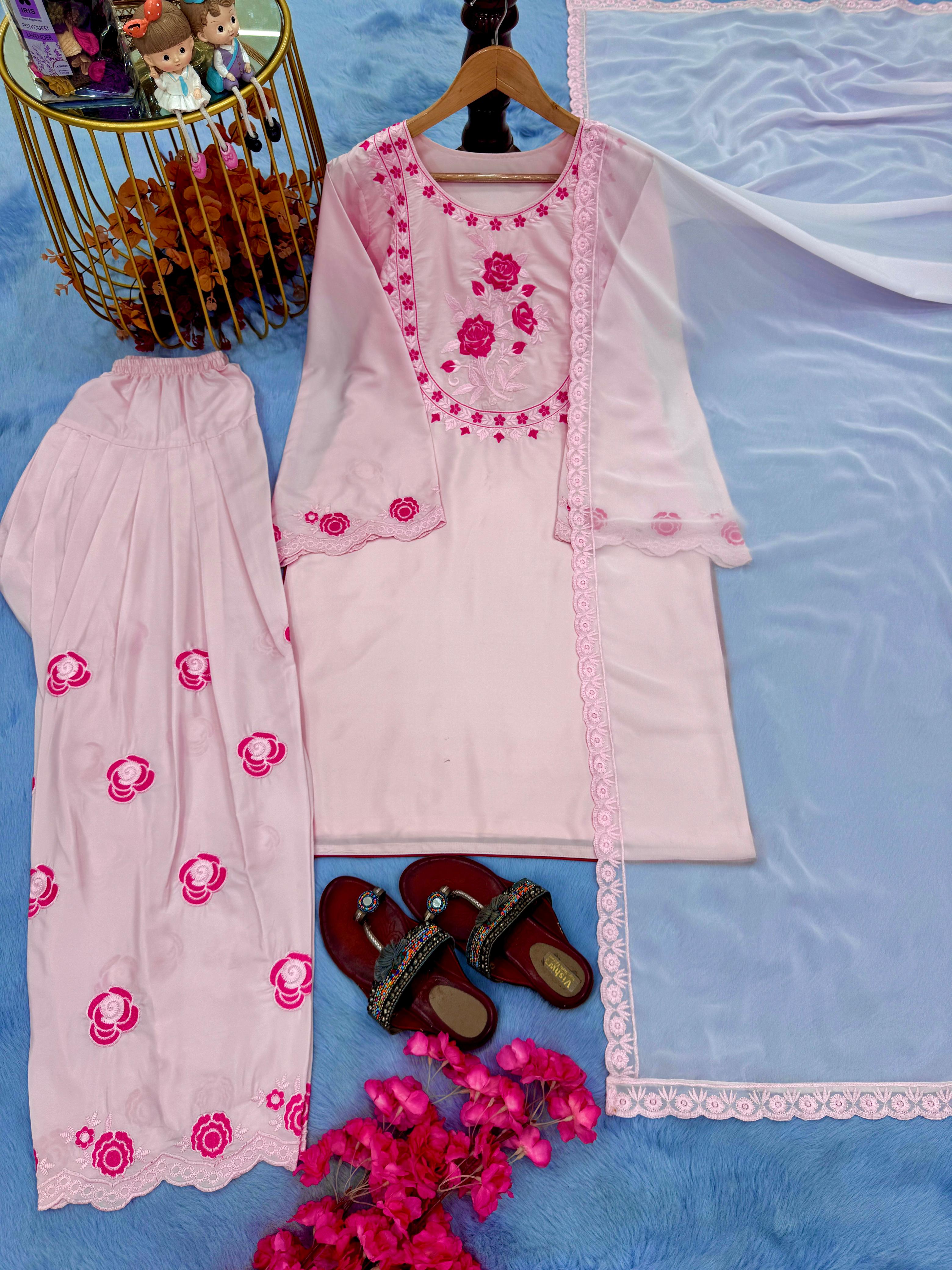 Trendy Light Pink Fully Stitched Palazzo Suit