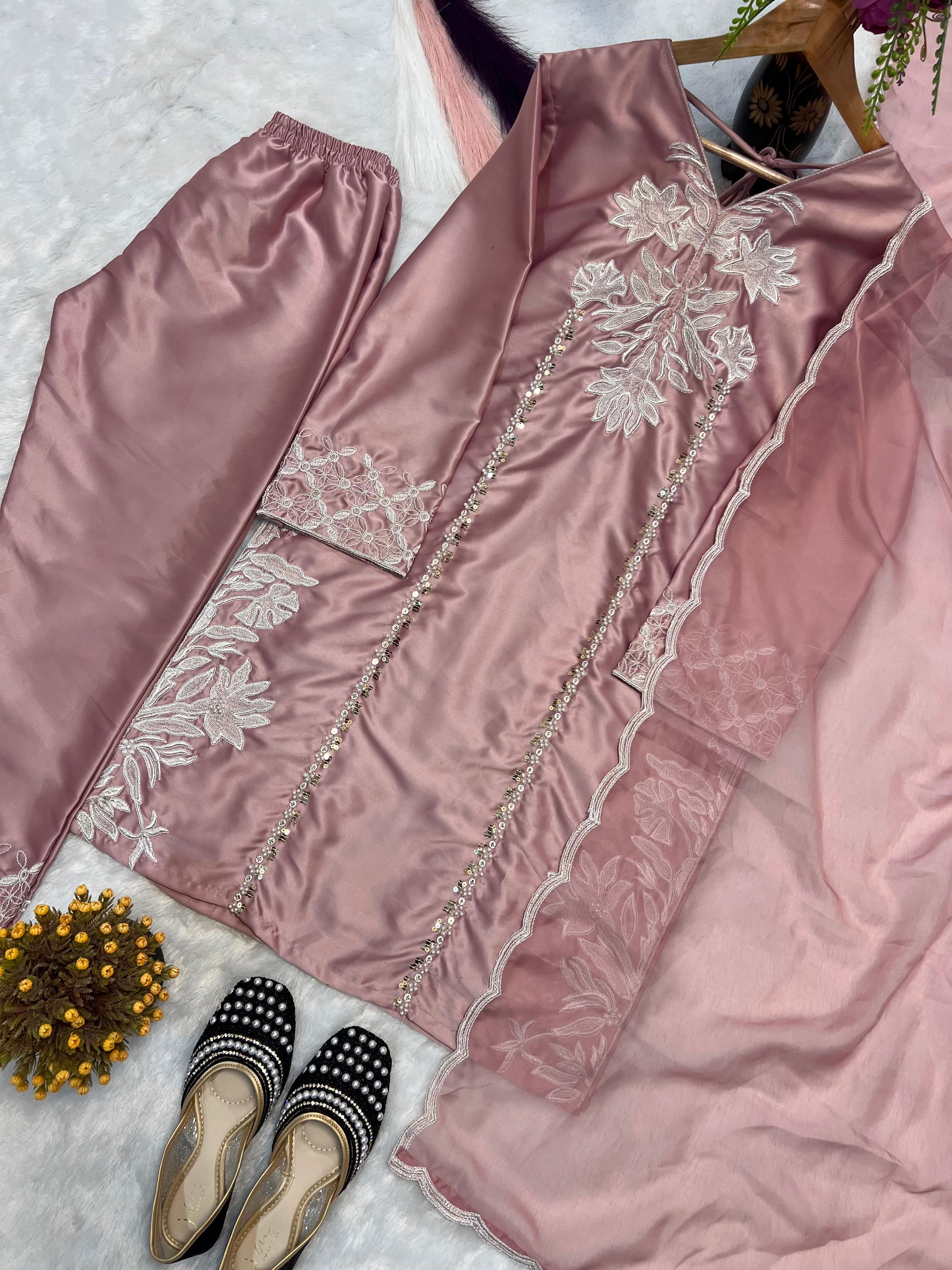 Alluring Pink Color Sequence Work Palazzo Suit