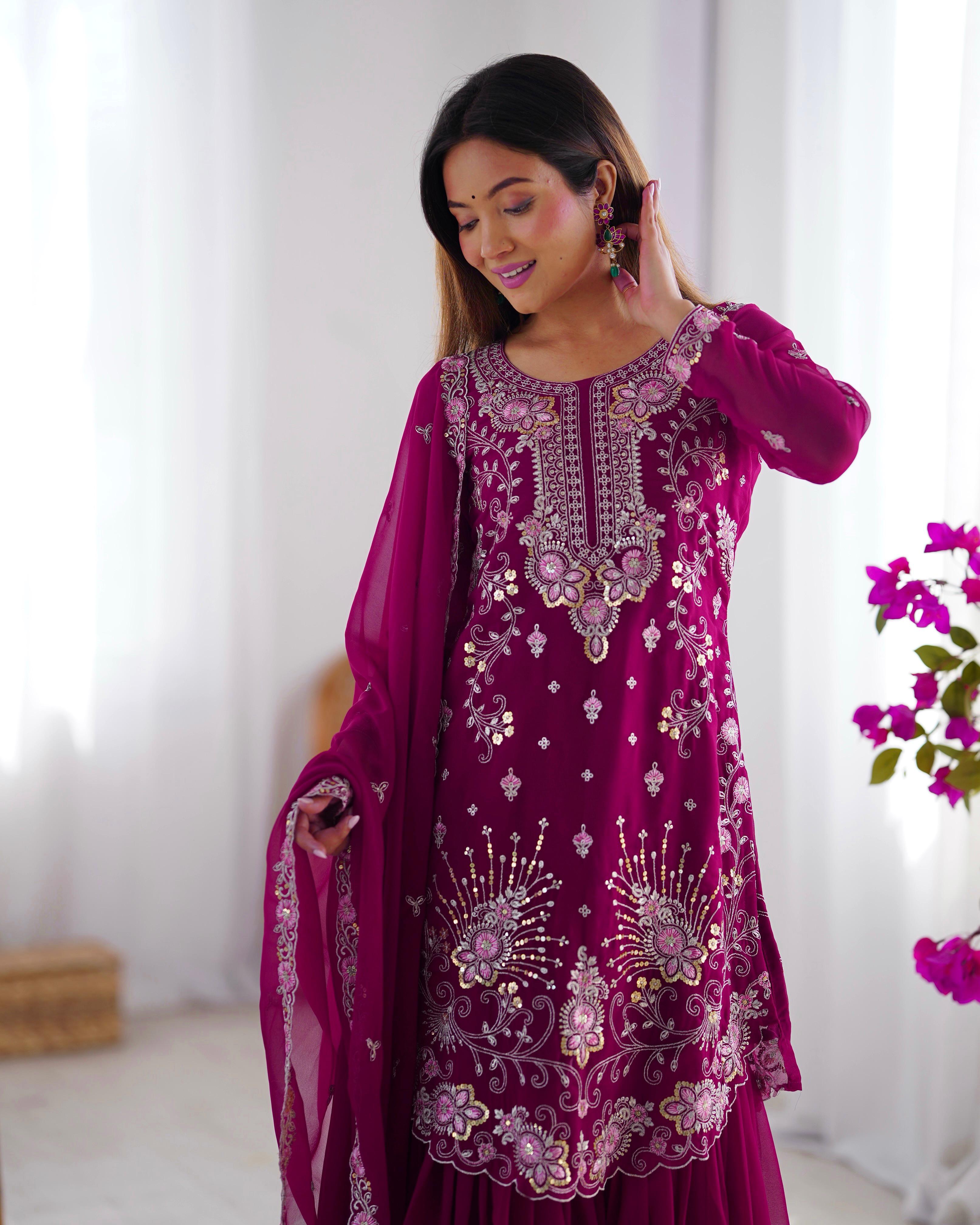 Eyes Catching Georgette Wine Color Sharara Suit